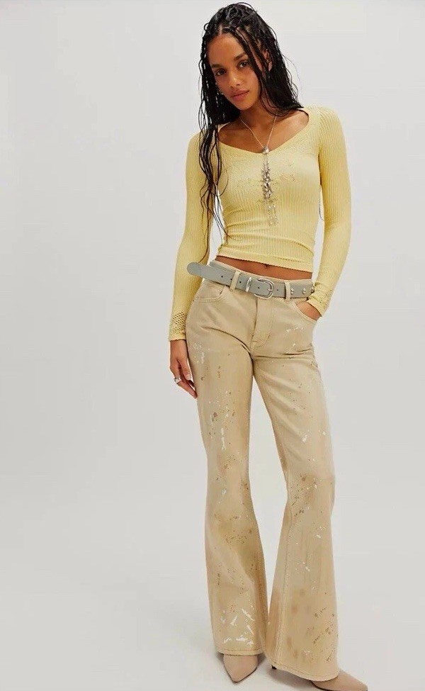 Free People Yellow Knit Ribbed Pointelle Scoop Neck Long Sleeve Top M/L
