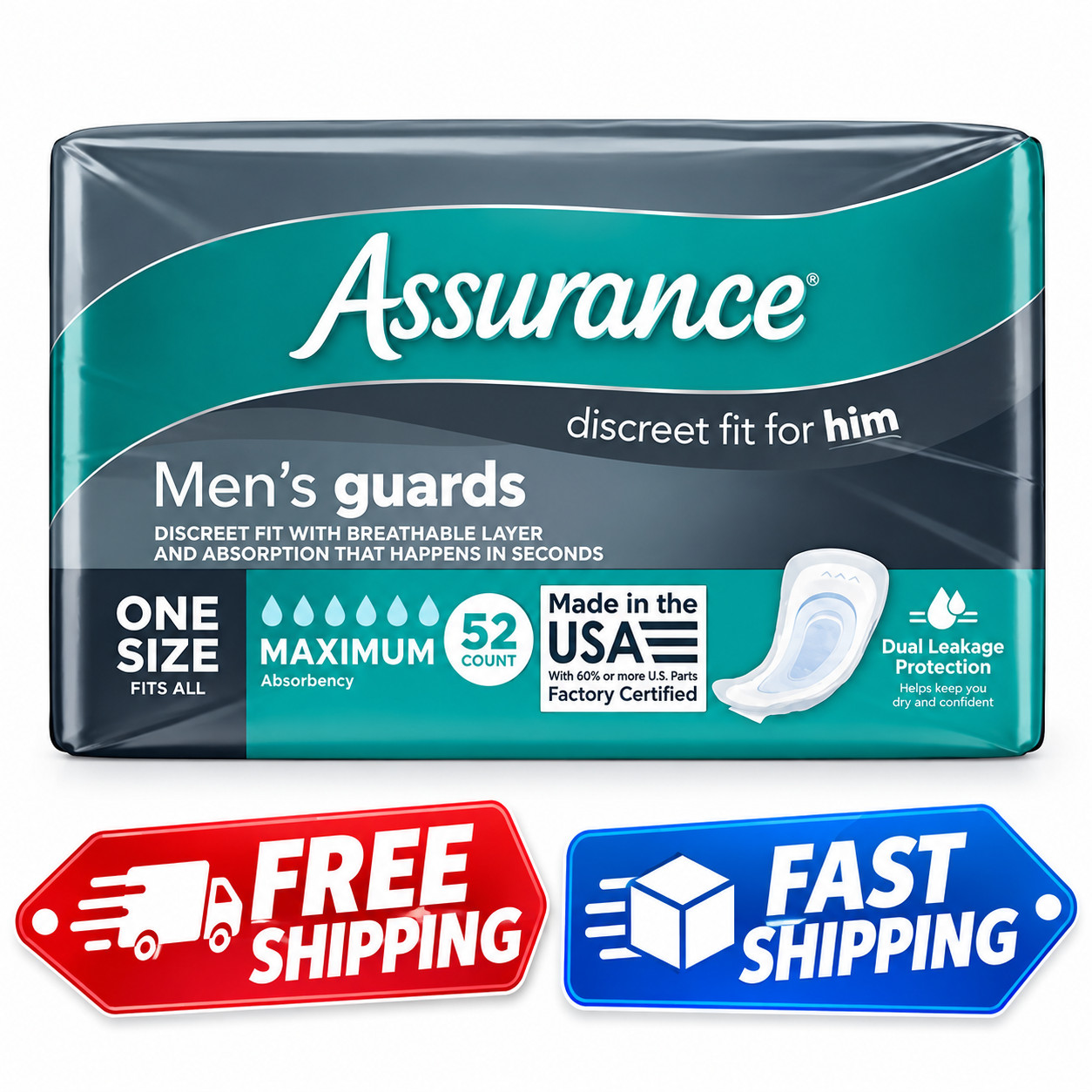 Assurance Men's Guards, Maximum Absorbency, One Size Fits All, 52 Count