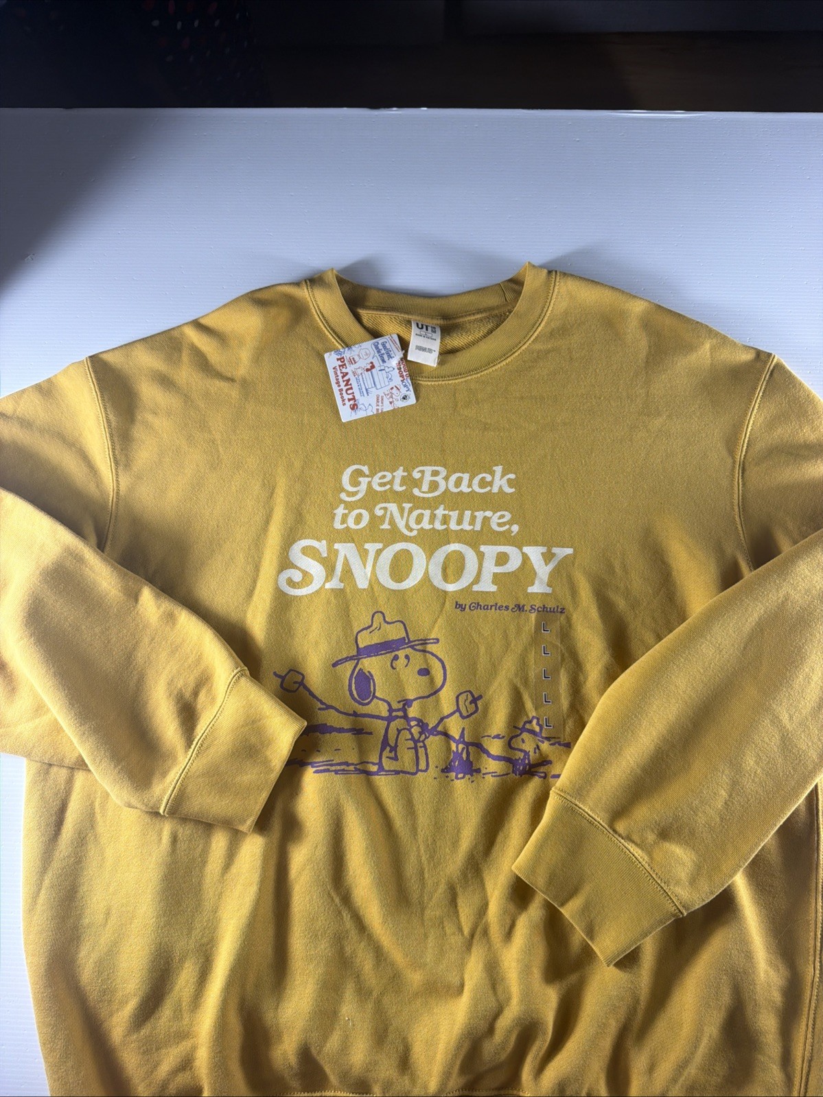 Uniqlo UT Peanuts Sweatshirt Large Mustard Yellow Snoopy Get Back To Nature NWT