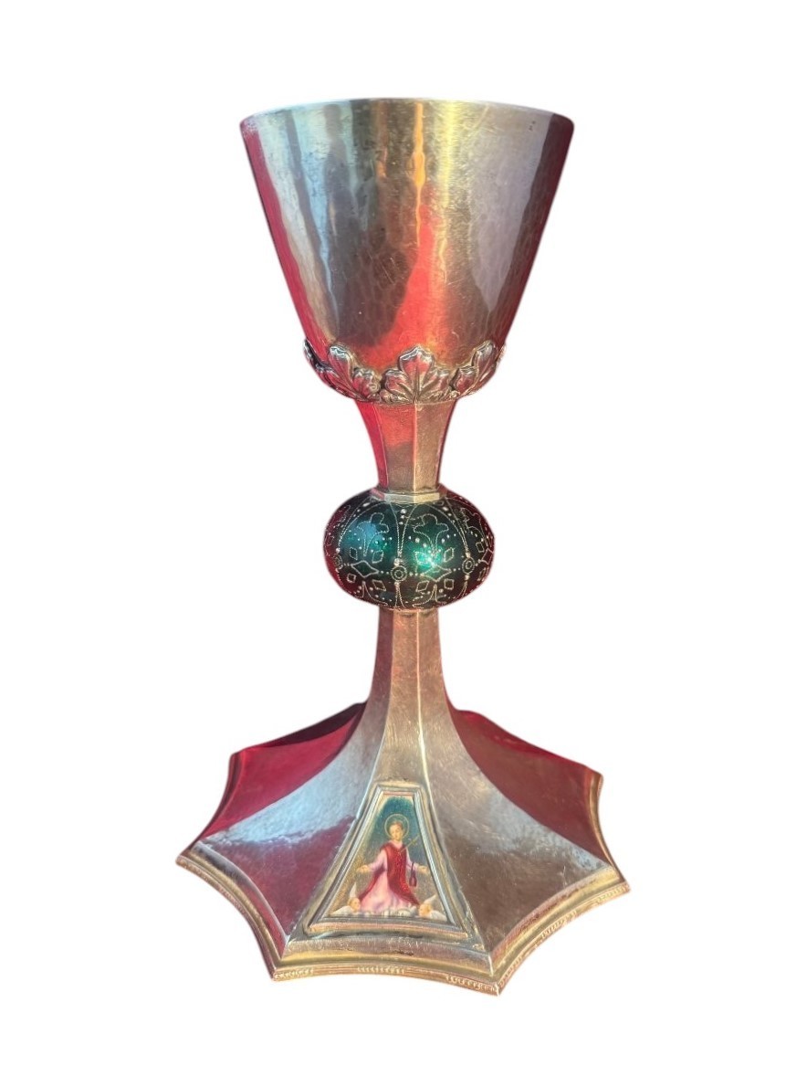 Antique 19th C Sterling Silver Chalice St Eudald Enamel Gothic Catholic Mass Cup