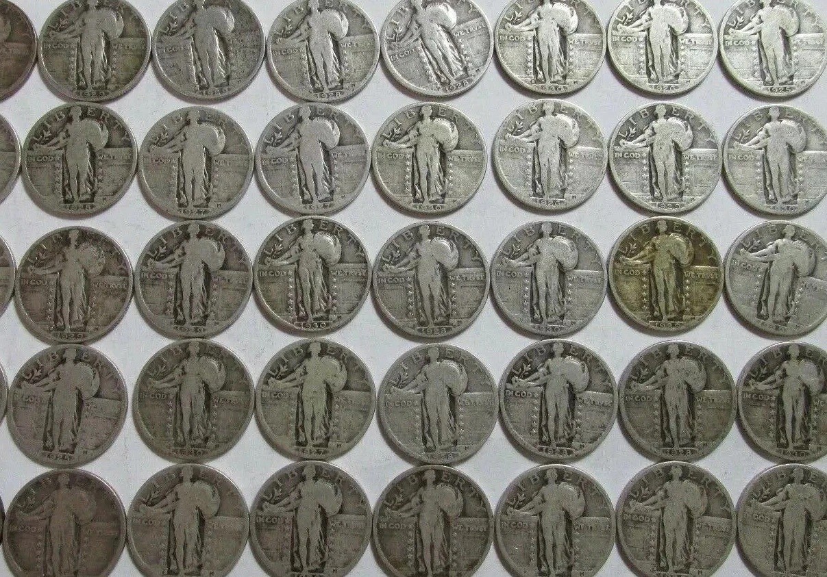 Roll of 40 VG-F 90% Silver Standing Liberty Quarters Dated 1925-30 P,S,D. = Roll of 40 VG-F 90% Silver Standing Liberty Quarters Dated 1925-30 P,S,D. =