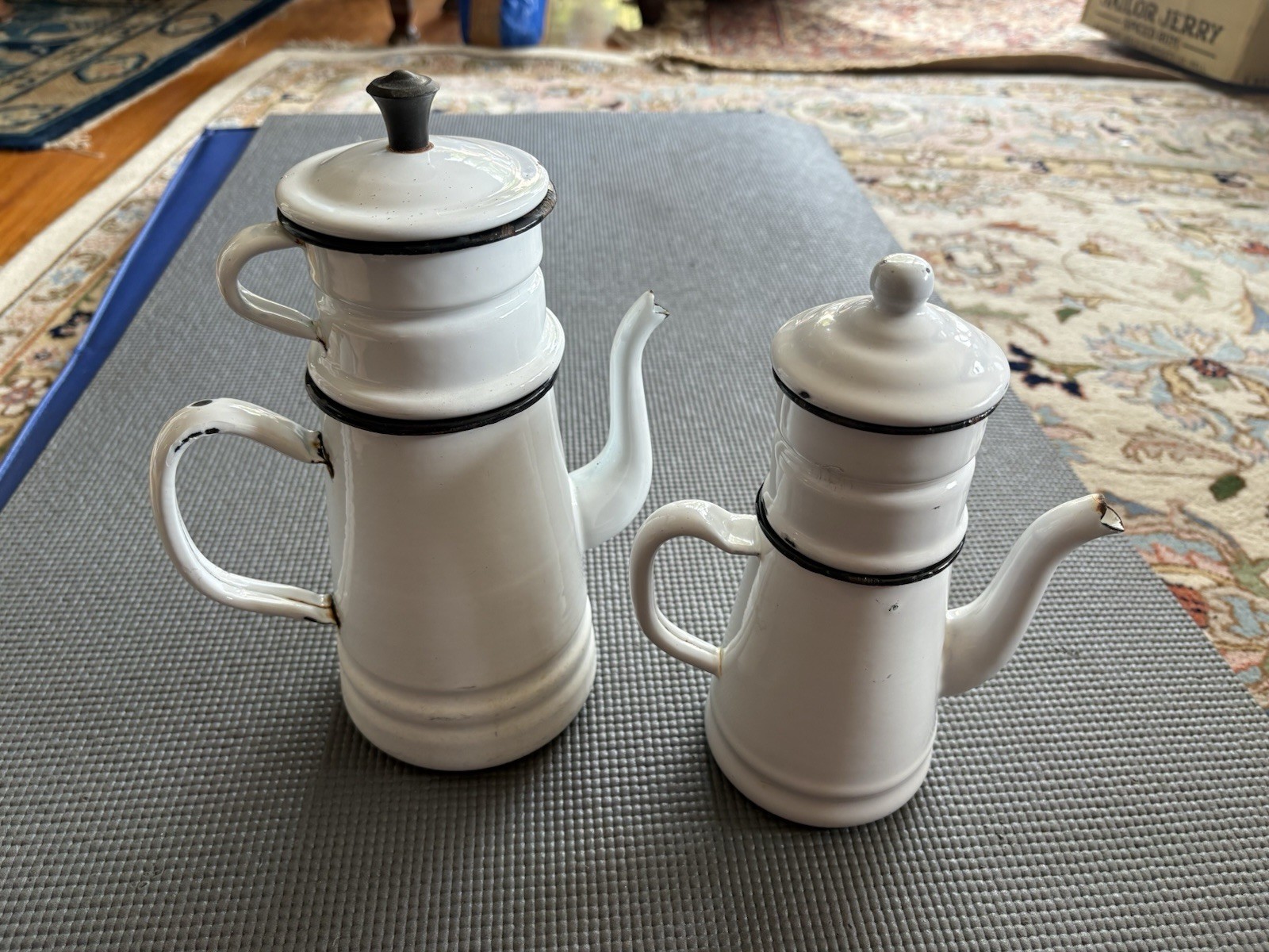 2 Antique French Enamel Coffee Pots 2 Antique French Enamel Coffee Pots