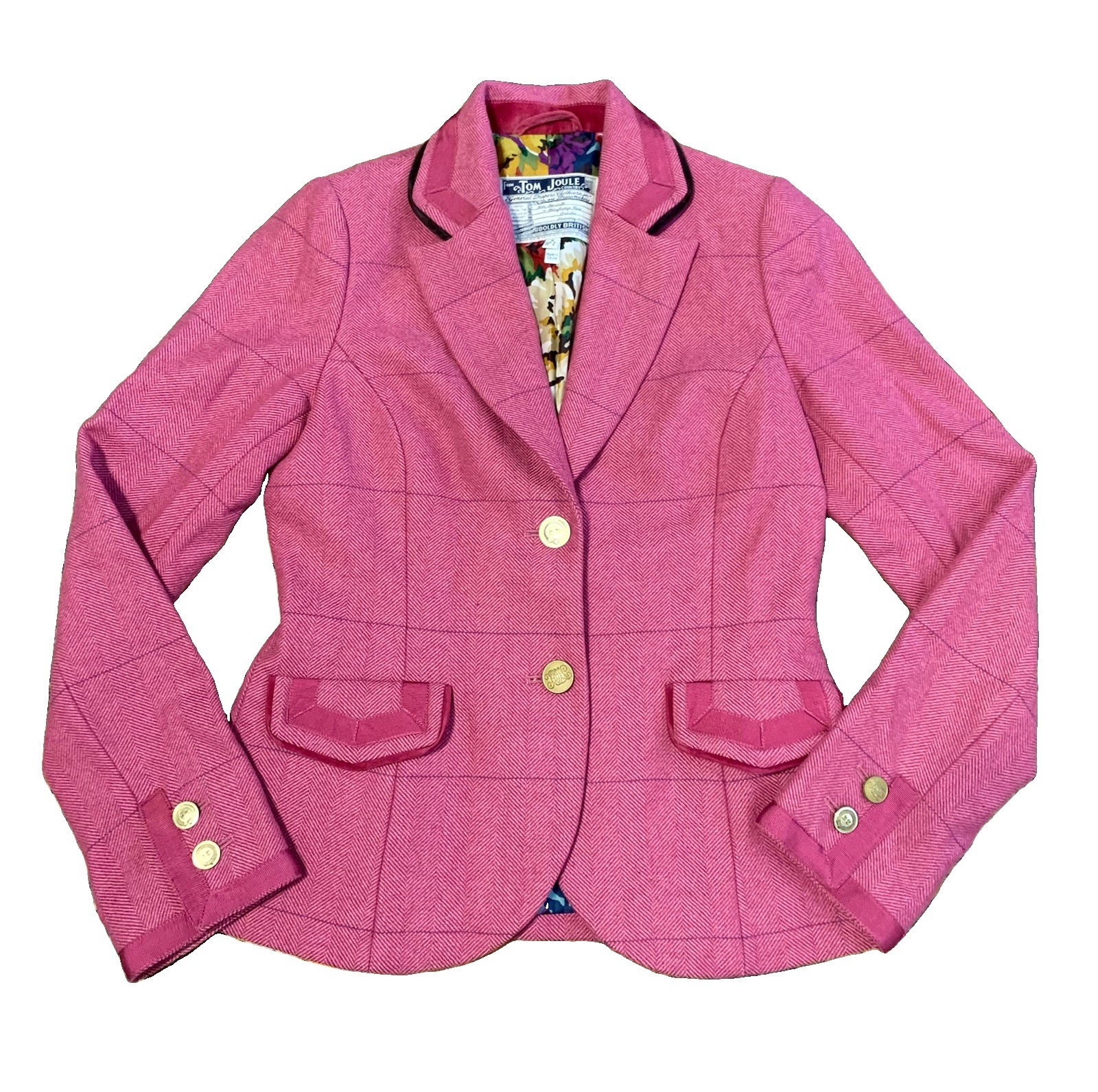 Tom Joules Hartwell Womens US 6 Pink Tweed Blazer Jacket Floral Lined Wool Blend