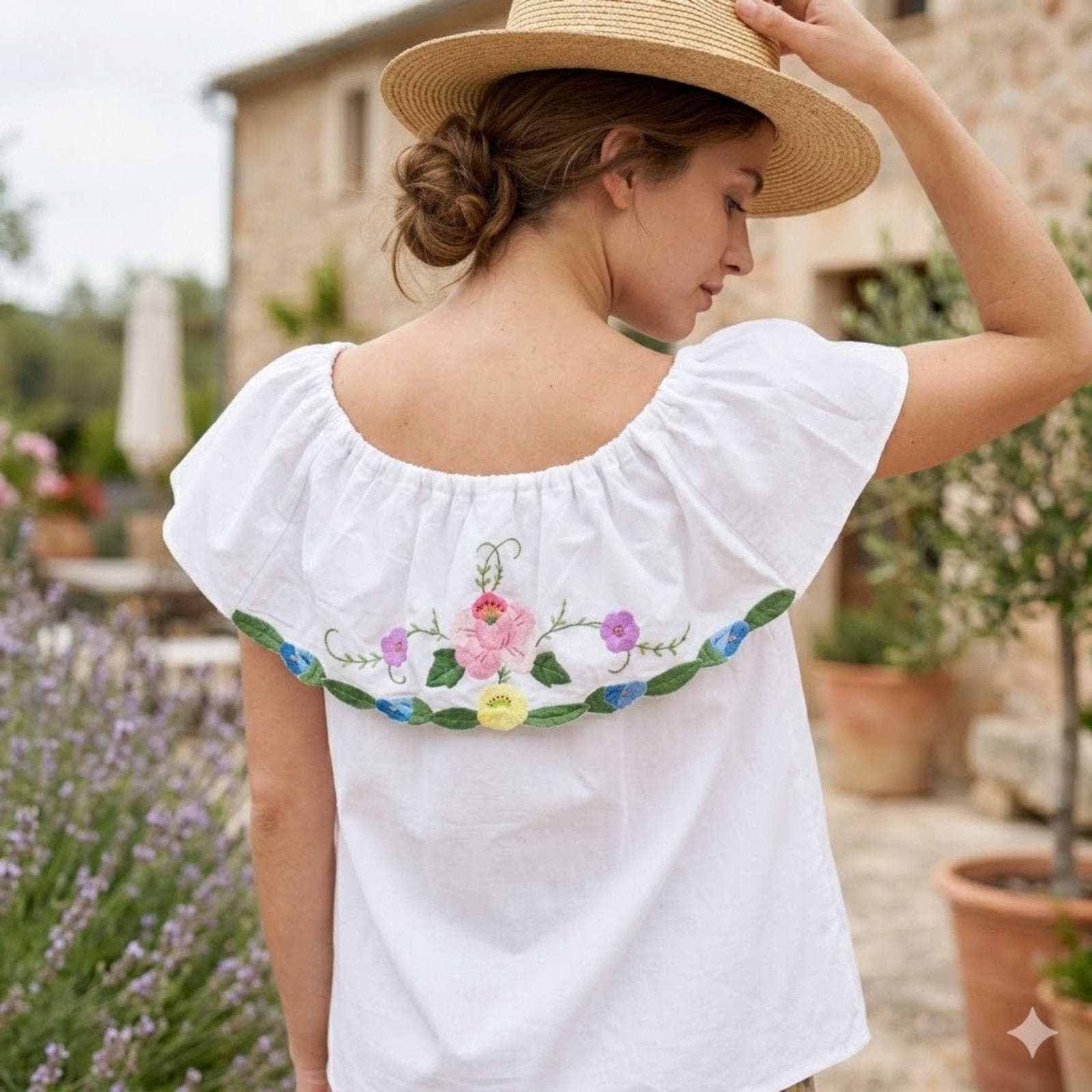 Vintage Hand Embroidered Cotton Blouse Reversible Off Shoulder OOAK Boho Top S