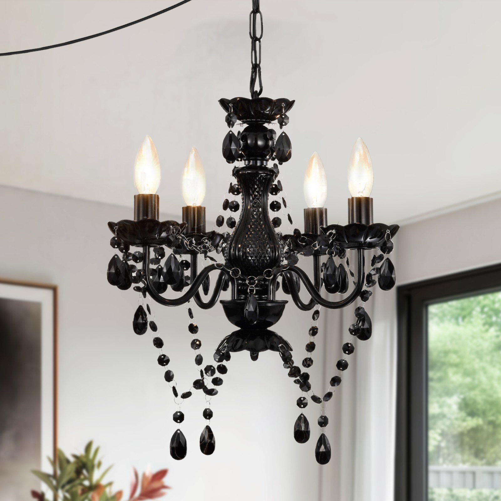 Black Plug In Crystal Chandelier 4-Light Mini Hanging Pendant Lamp with E12 Bas