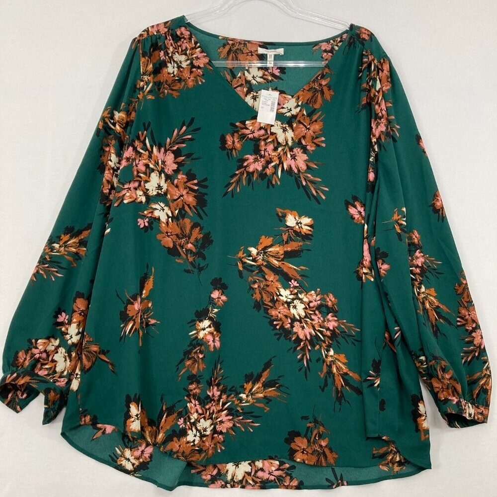 New Maurices size 2X Green Brown Floral V Neck Long Sleeve Relaxed Blouse New Maurices size 2X Green Brown Floral V Neck Long Sleeve Relaxed Blouse