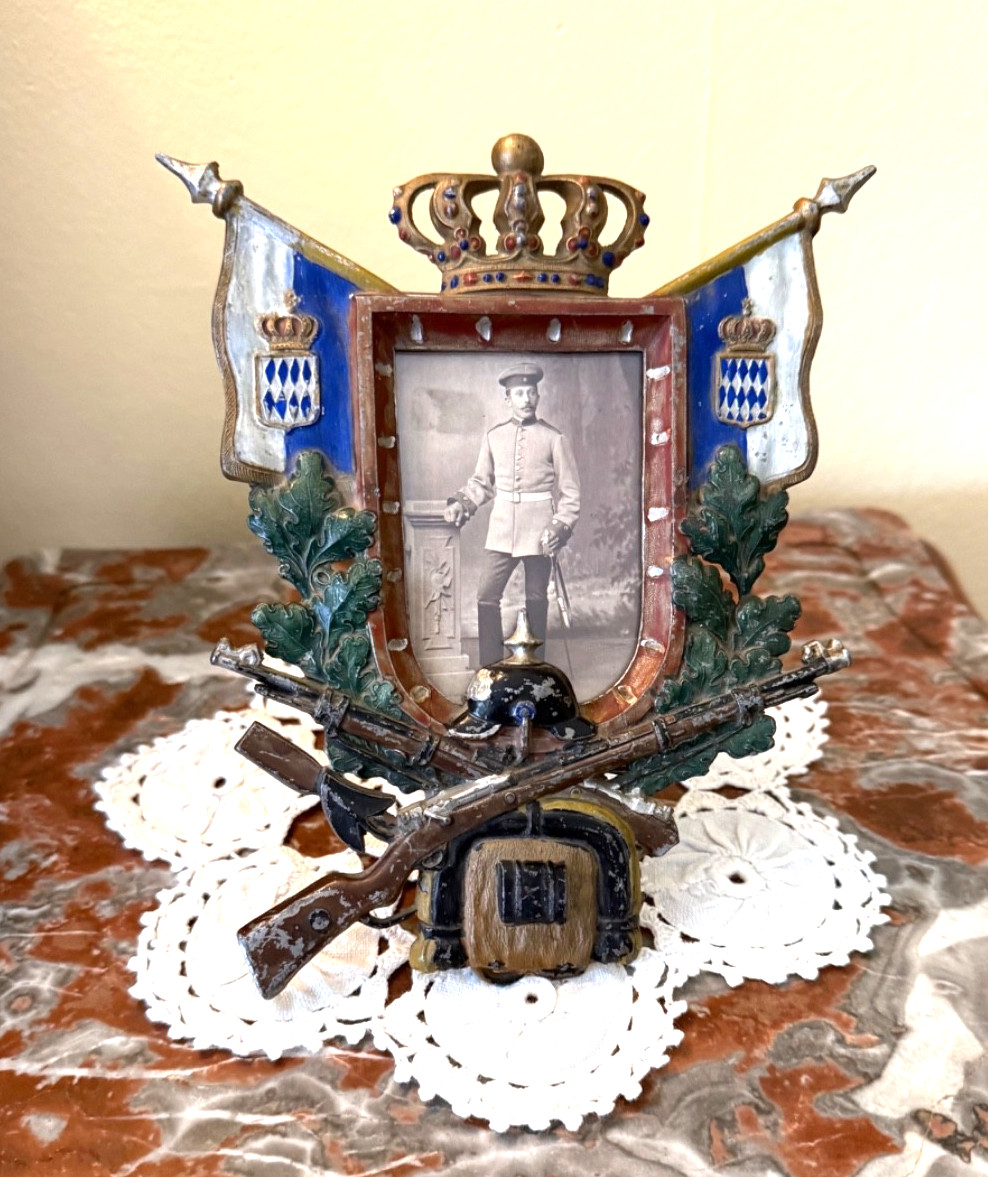 WWI Imperial German Bavarian Metal Picture Frame Pickelhaube Helmet Rifle Sword WWI Imperial German Bavarian Metal Picture Frame Pickelhaube Helmet Rifle Sword