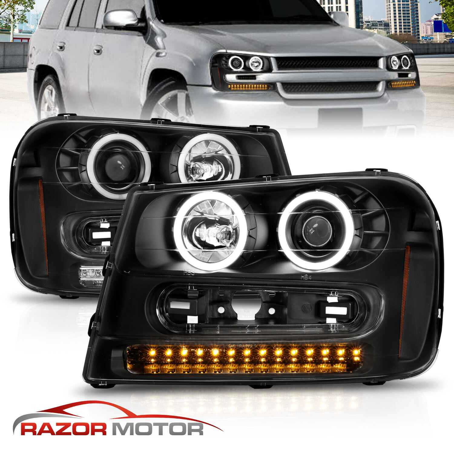 For 2002-2009 Chevy Trailblazer Projector Black Headlights LED Turn Signal