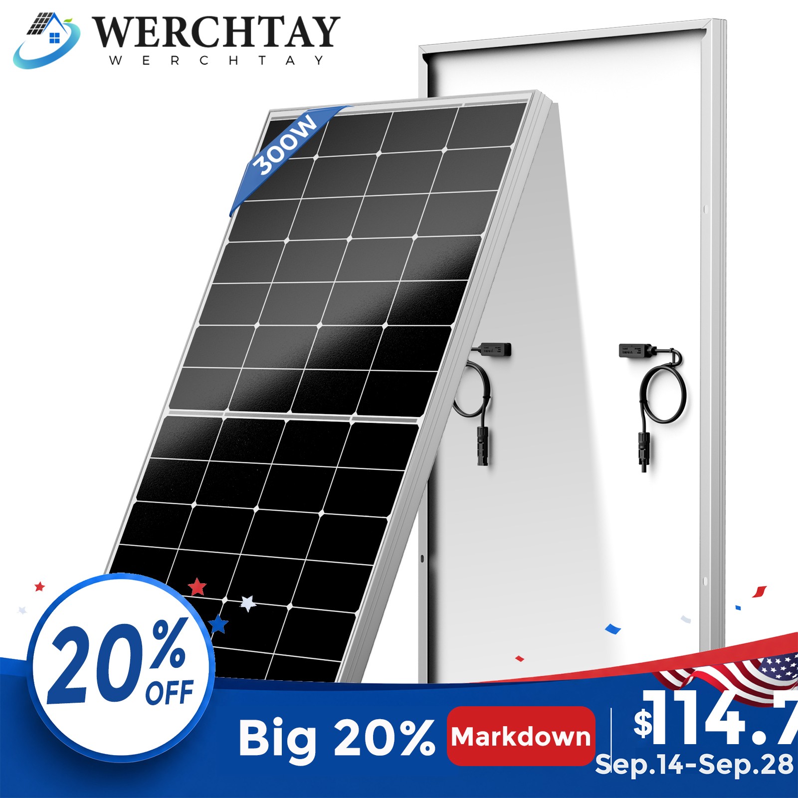 300W BC Solar Panel High Efficiency 26% Farm Home Shed Rooftop On/Off-Grid