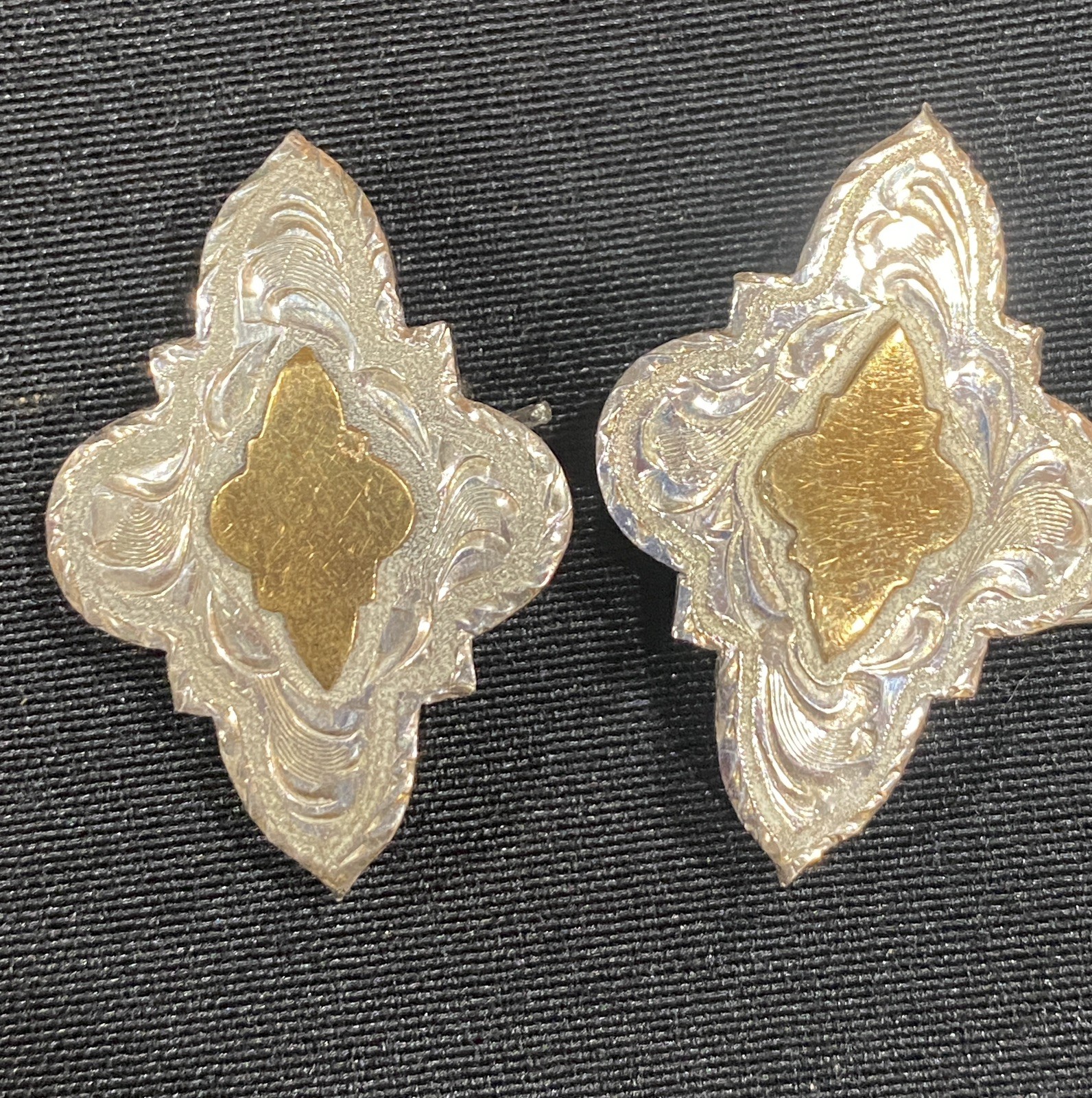 VTG Hand Crafted Silver Overlay Gold Brass tone Conchos 1 1/2”x 1” VTG Hand Crafted Silver Overlay Gold Brass tone Conchos 1 1/2”x 1”