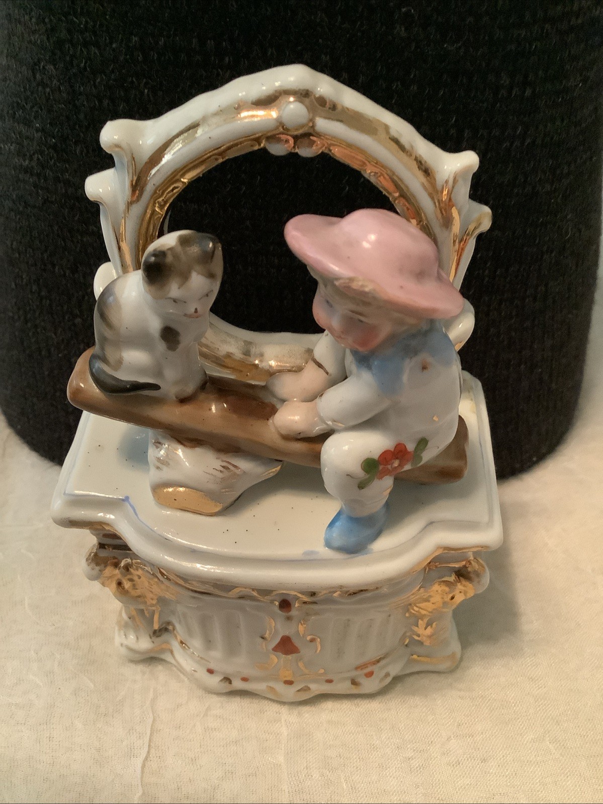Antique Conta & Boehme Trinket Box Boy, Cat Playing on Seesaw Antique Conta & Boehme Trinket Box Boy, Cat Playing on Seesaw