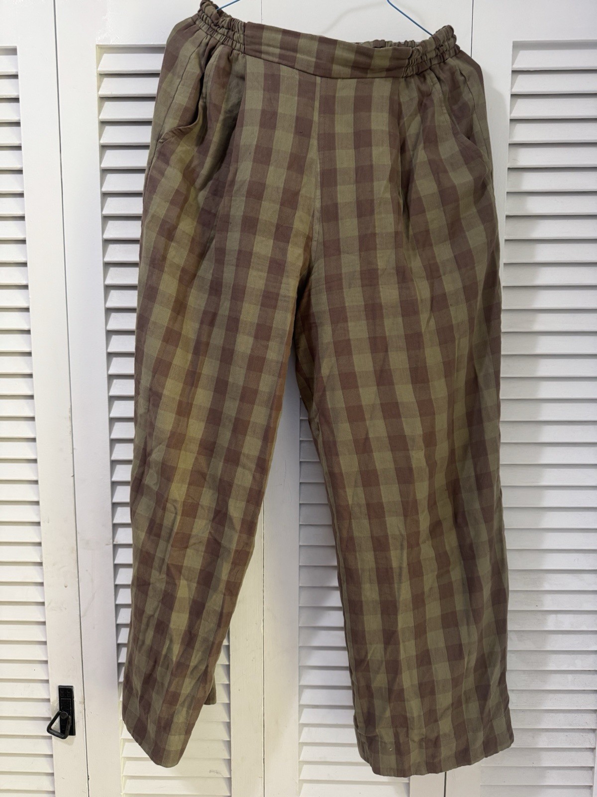 Liz Alig Designer Handwoven Cotton Plaid Pants Womens Large Brown Olive Wide Leg