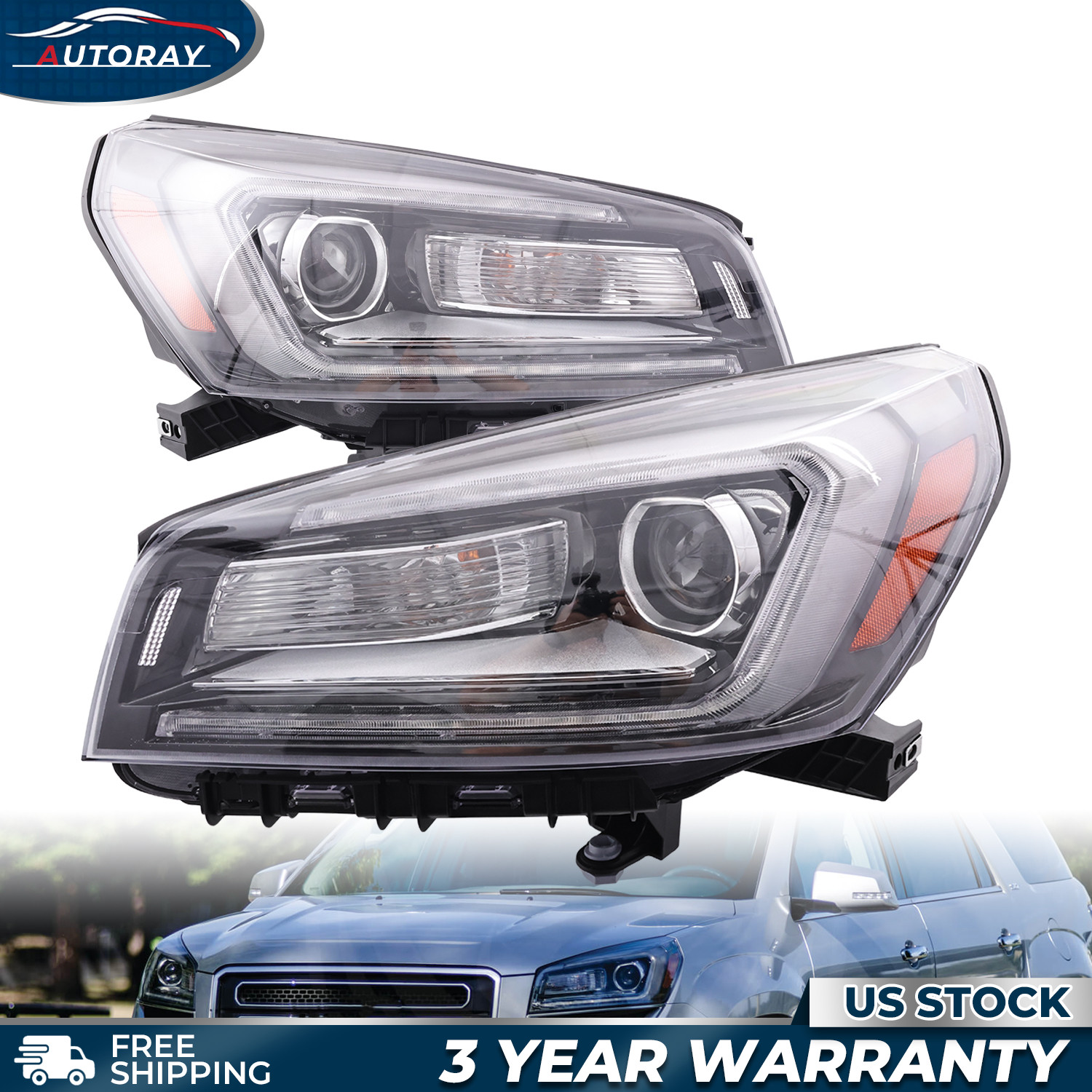 For 2013-2017 GMC Acadia Pair Halogen Headlights w/ LED DRL Projector W/Bulb