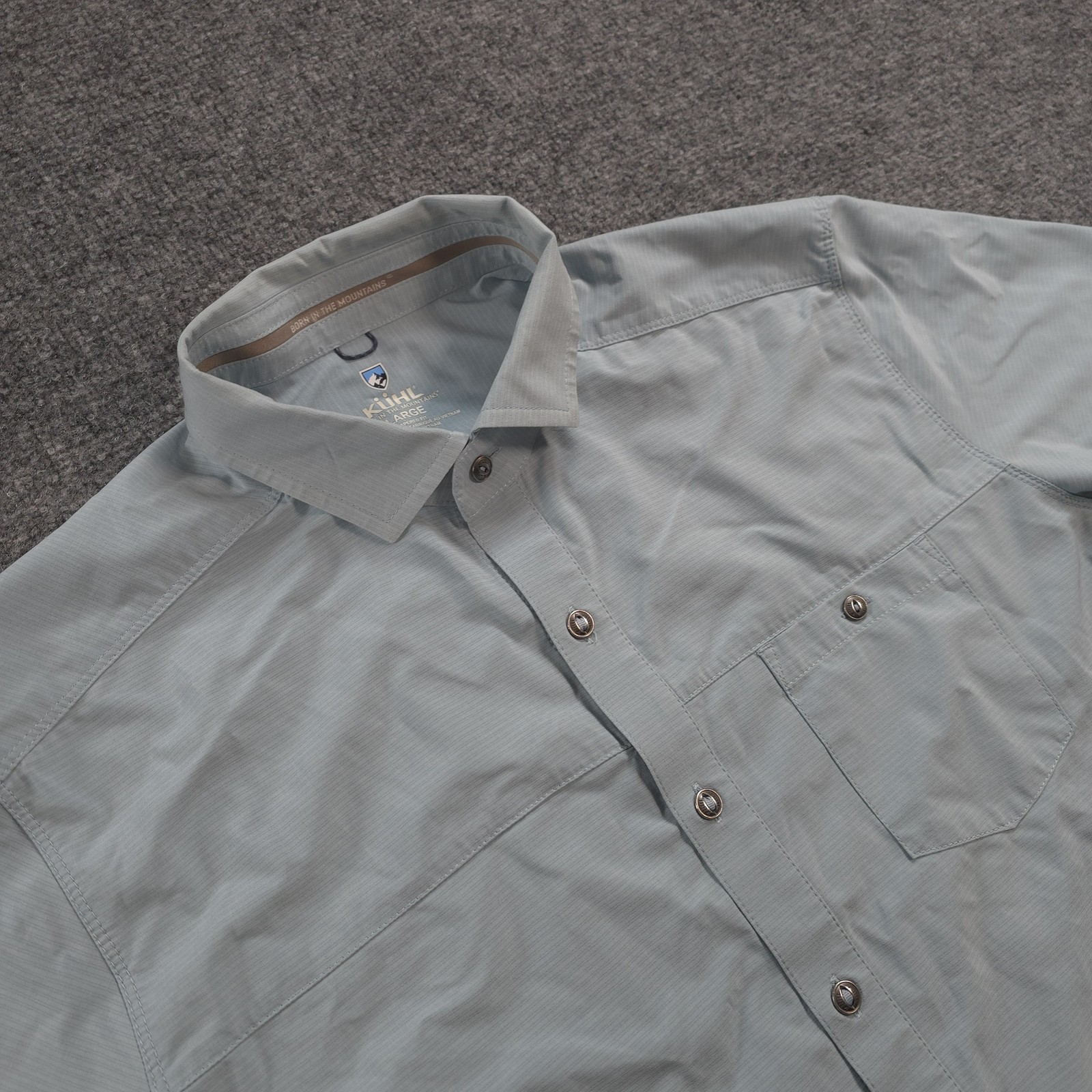 Kuhl Shirt Mens L Blue Optimizr Stretch Performance Hiking Camp Outdoors 7316