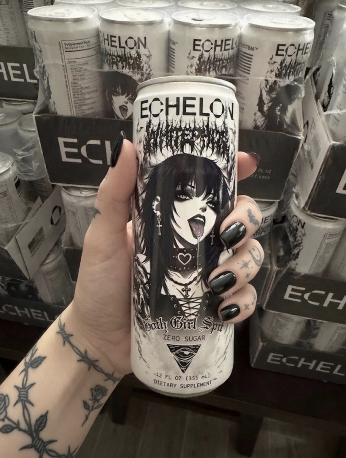 Goth Girl Spit Energy Drink Echelon X Whitephosphor 1 Can 12oz IN HAND Goth Girl Spit Energy Drink Echelon X Whitephosphor 1 Can 12oz IN HAND