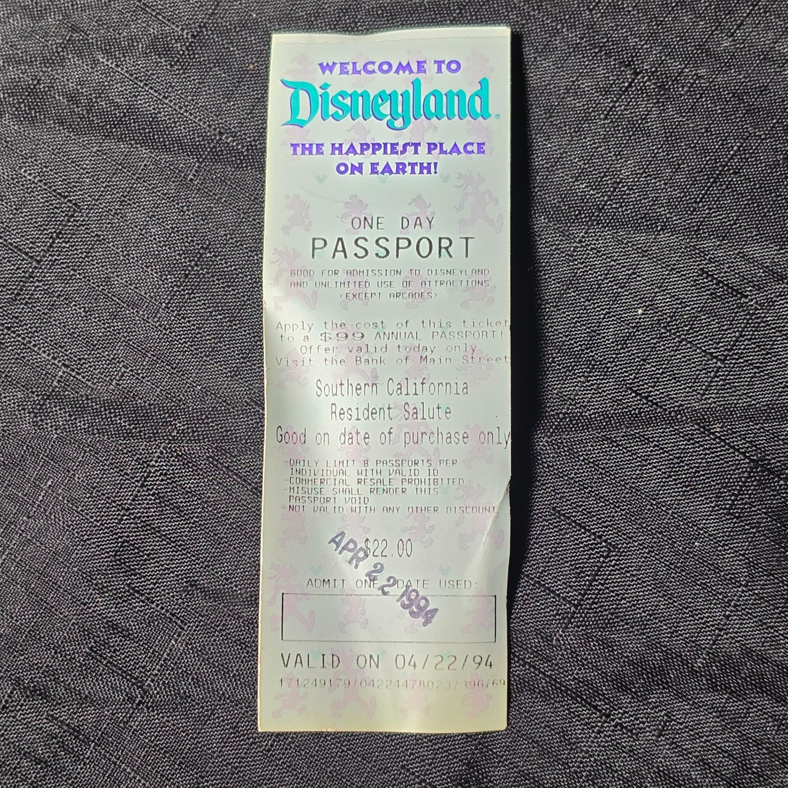 Vintage 1994 Disneyland One Day Passport Ticket Stub Ephemera April 22 1994