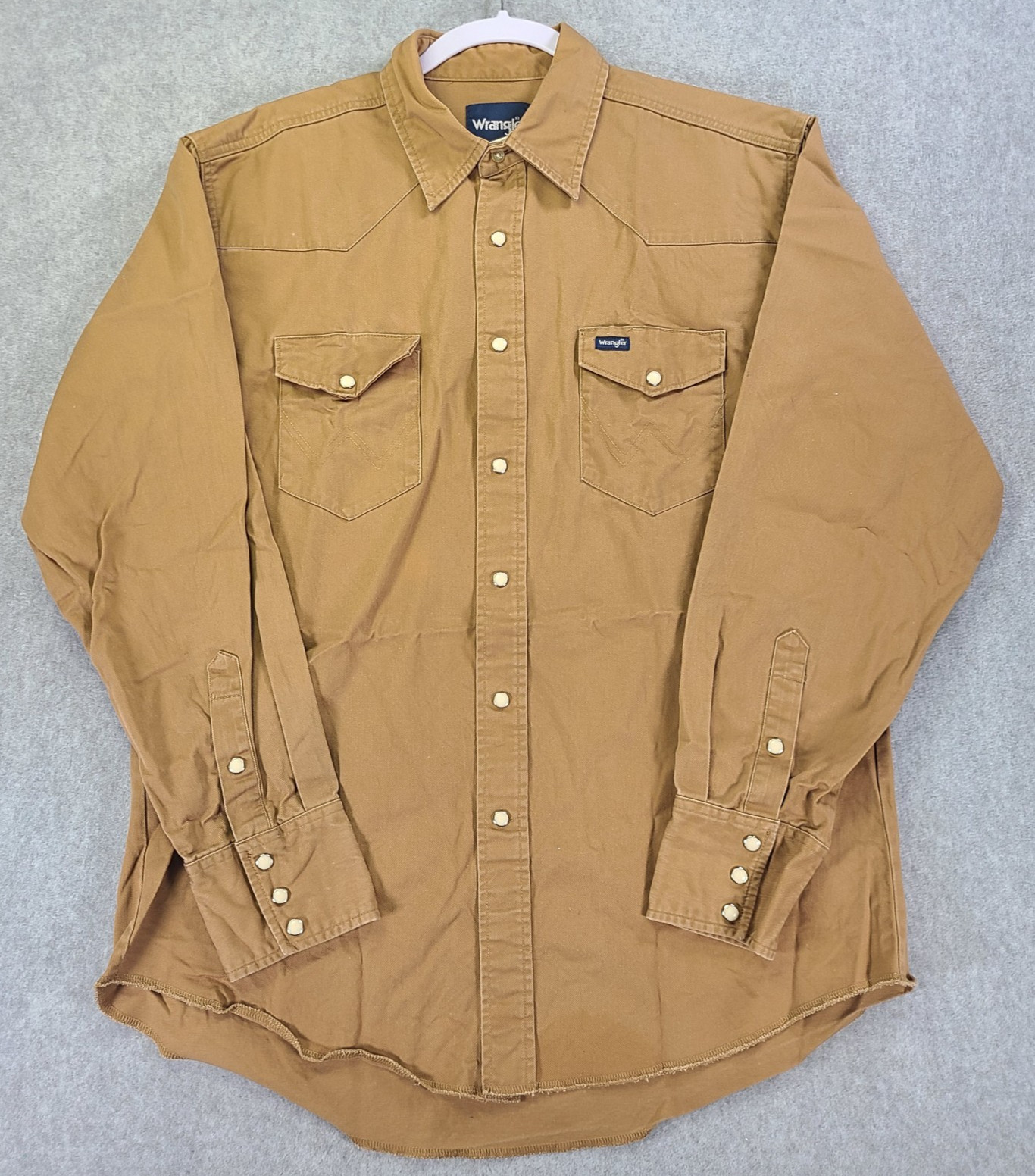 Wrangler Cowboy Cut Shirt Mens Large Brown Tan Twill Pearl Snap Western Work L Wrangler Cowboy Cut Shirt Mens Large Brown Tan Twill Pearl Snap Western Work L