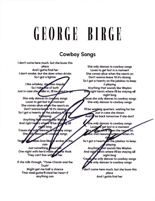 GEORGE BIRGE SIGNED AUTOGRAPHED COWBOY SONGS LYRIC SHEET RARE BECKETT BAS
