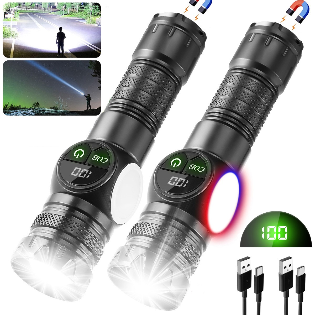 2 Pack Super Bright LED Flashlight Rechargeable Magnetic Light LED Work Light
