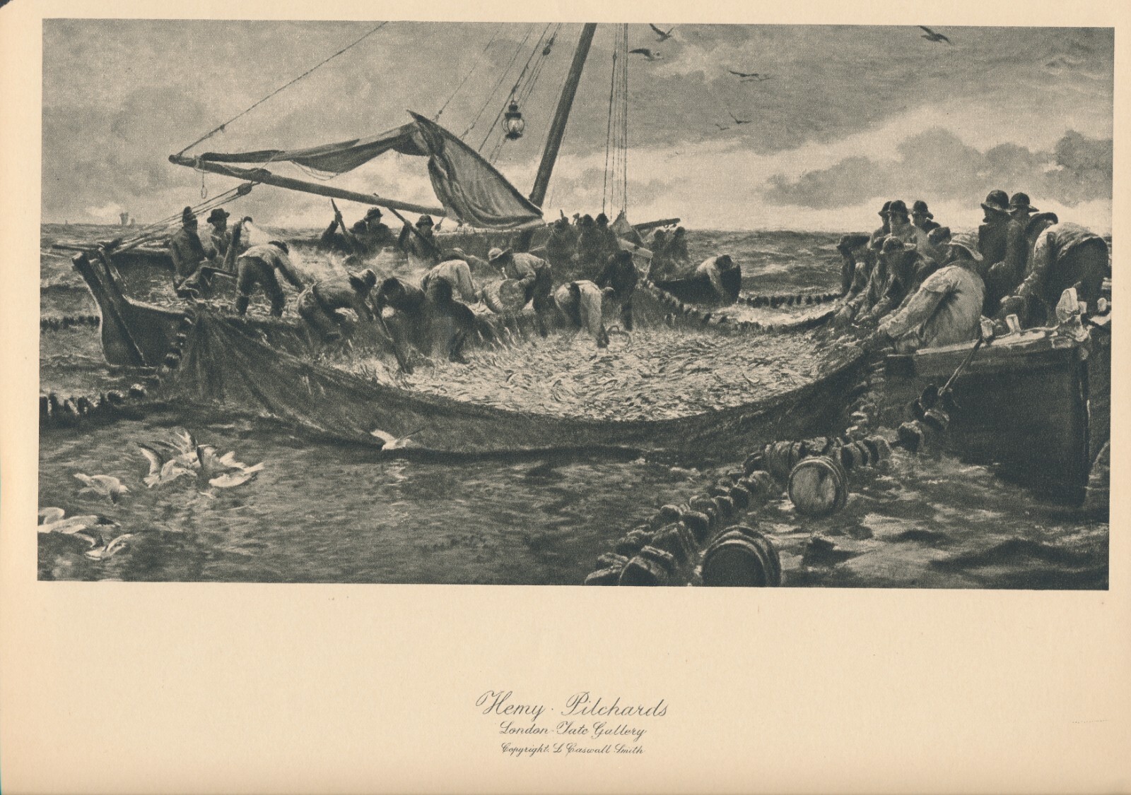 Original 1910 Antique 115+yr Old Print PILCHARDS Seascape by CHARLES NAPIER HEMY