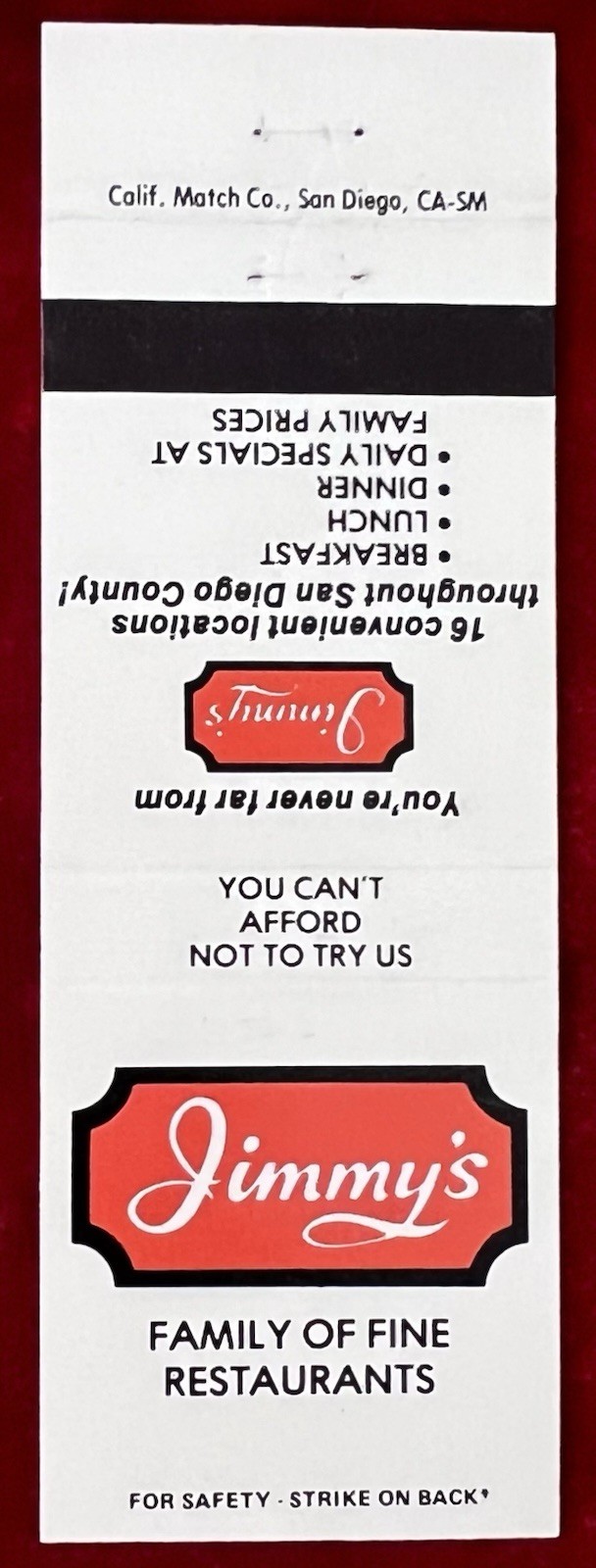 Jimmy’s San Diego California Vintage Matchbook Cover B-7282
