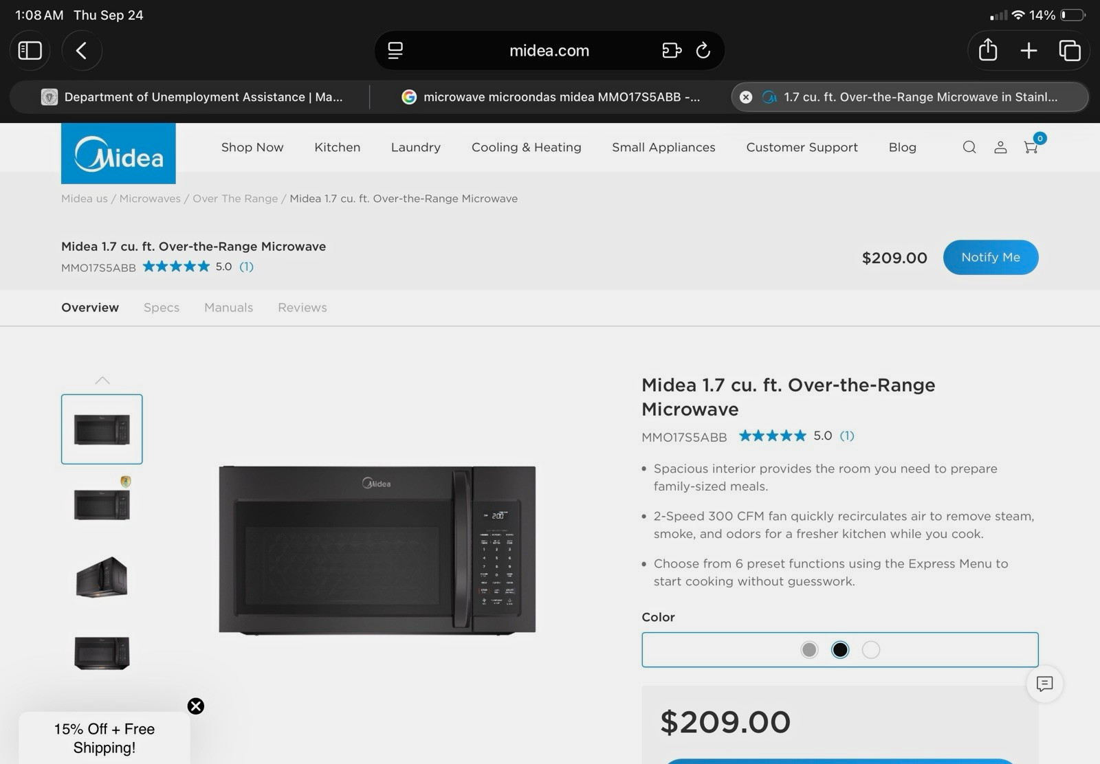 Midea MMO17S5ABB 1.7 cu ft OTR Microwave Black Stainless 1000W, 6 Settings Midea MMO17S5ABB 1.7 cu ft OTR Microwave Black Stainless 1000W, 6 Settings