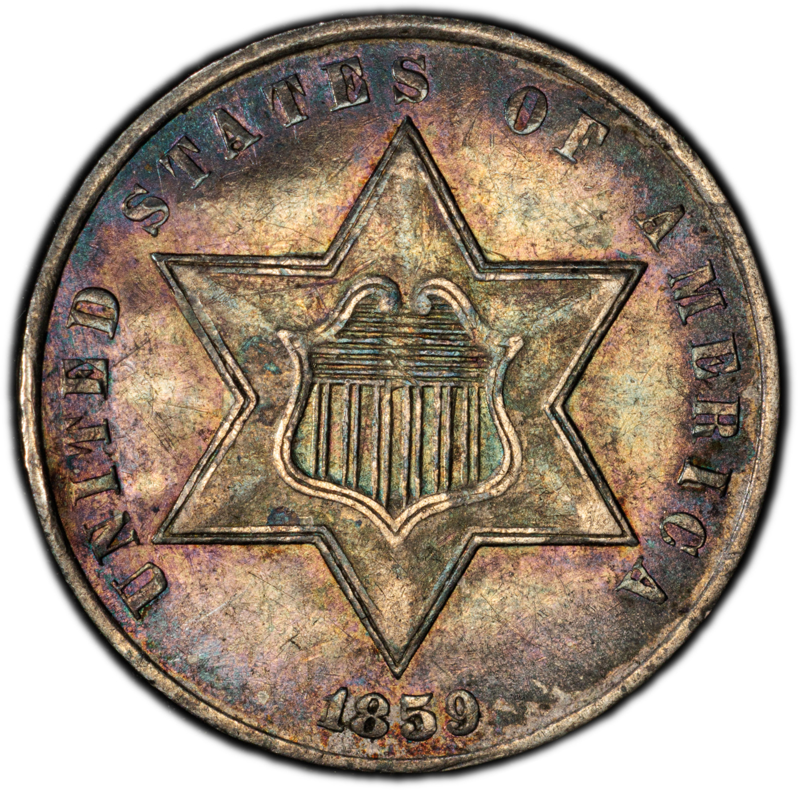 1859-P PCGS Genuine AU 3 Cent Silver | Rainbow Toning | 40th Anniversary Label
