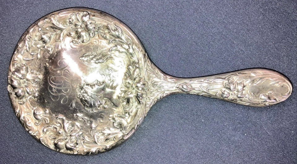 ANTIQUE, FOSTER & BAILEY STERLING SILVER ART NOUVEAU 1901 REPOUSSE HAND MIRROR