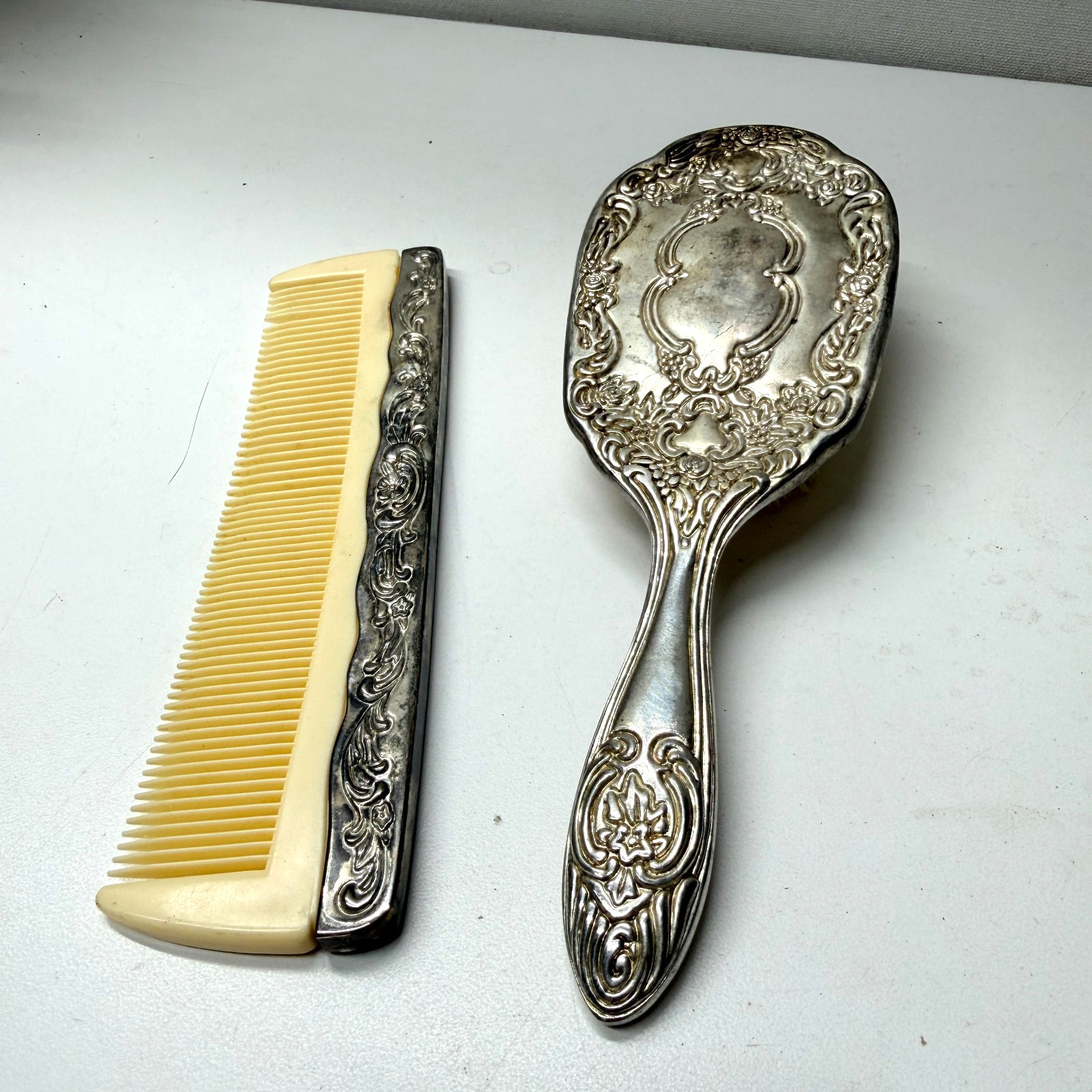 Vintage Ornate Hair Brush & Comb Set Silver Plated Vanity Set 