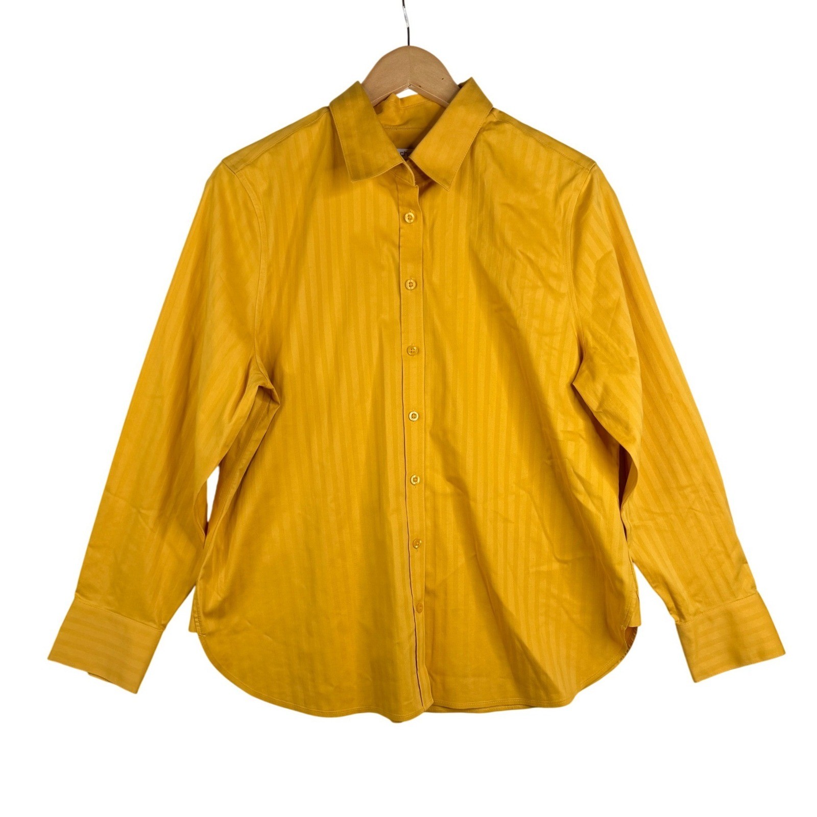 NWT Chico\'s Womens No Iron Stretch Stripe Jacquard Yellow BD 2 | US Size 12 NWT Chico\'s Womens No Iron Stretch Stripe Jacquard Yellow BD 2 | US Size 12