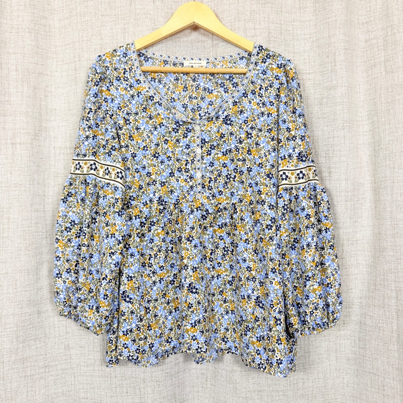 Max Studio Peasant Top Floral Balloon Sleeve Babydoll Sz L Boho Hippie Festival