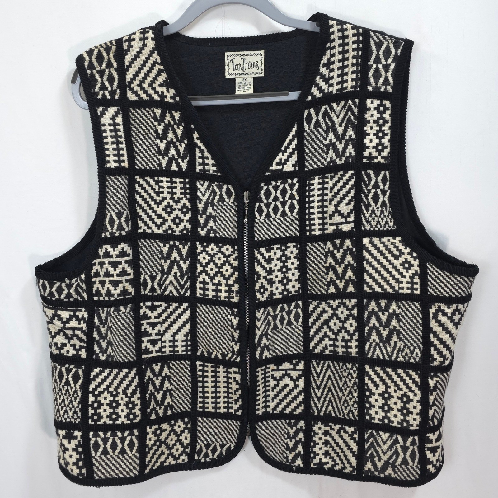 Vintage 90s TanTrums Tapestry Vest Women 3X Black Cream Geometric Cotton Zip