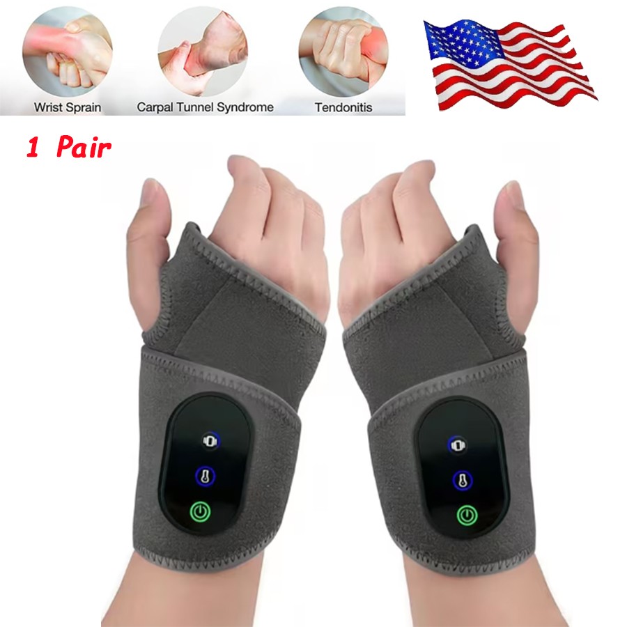 1 Pair Electric Heated Vibration Wrist Hand Massager Brace Carpal Pain Relief