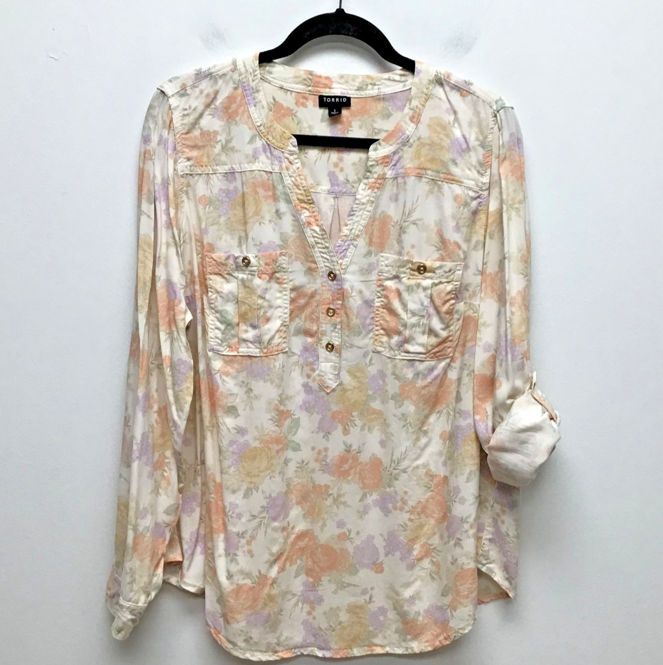 Torrid Harper Challis Long Sleeve Blouse Womens Lush Floral Dew Roll Tab Top 1X