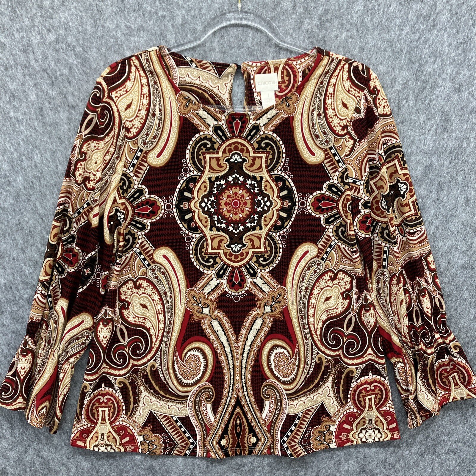 Chicos 1 Knit Tunic Shirt Womens Medium Tan Red Brown Paisley Stretch