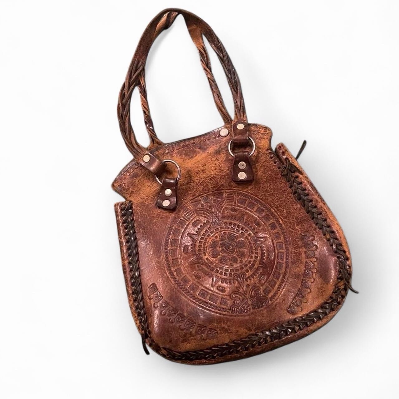 Vintage 1940s Mexican Leather Purse With Front Aztec Sun Design