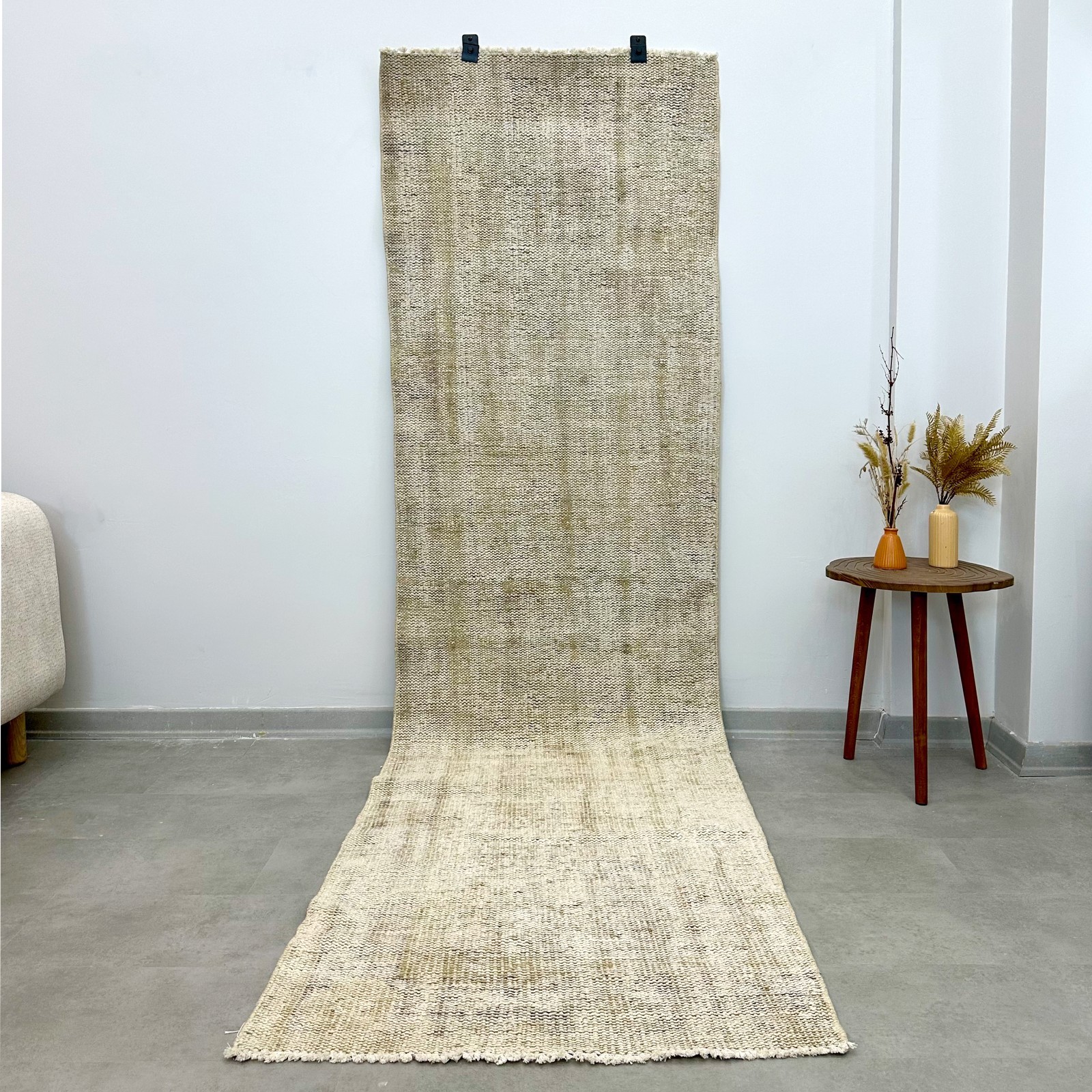 3x9 Vintage Turkish Oushak Runner, Beige Solid Rug, Handmade Wool, Bohemian Rug