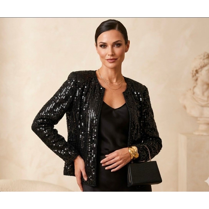 Vintage Stenay Black Sequin Cardigan Size S Silk Evening Shimmer Formal Glam