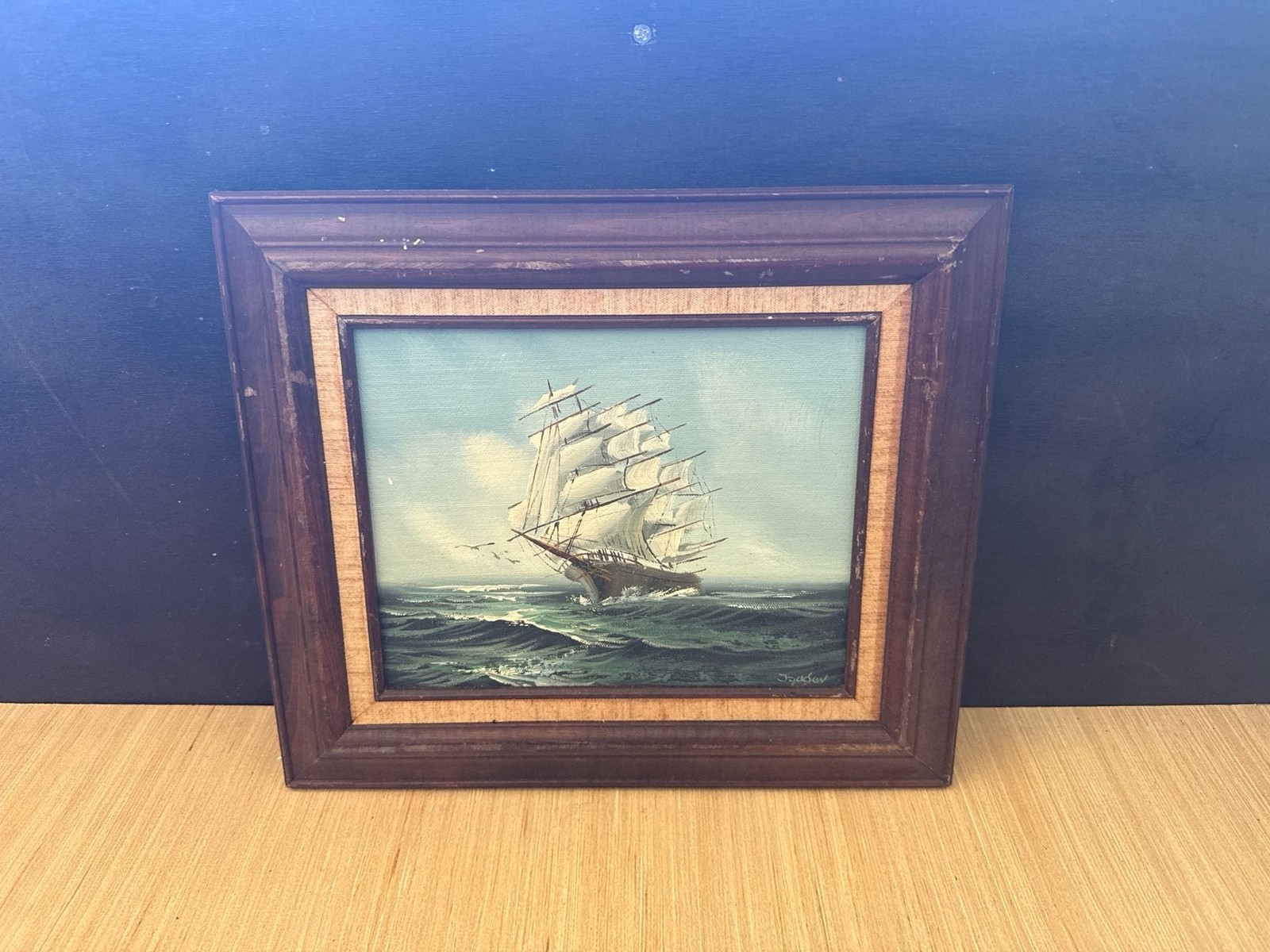 Vintage Framed Oil on Canvas Nautical Seascape Signed Jackson Tall Ship at Sea Vintage Framed Oil on Canvas Nautical Seascape Signed Jackson Tall Ship at Sea