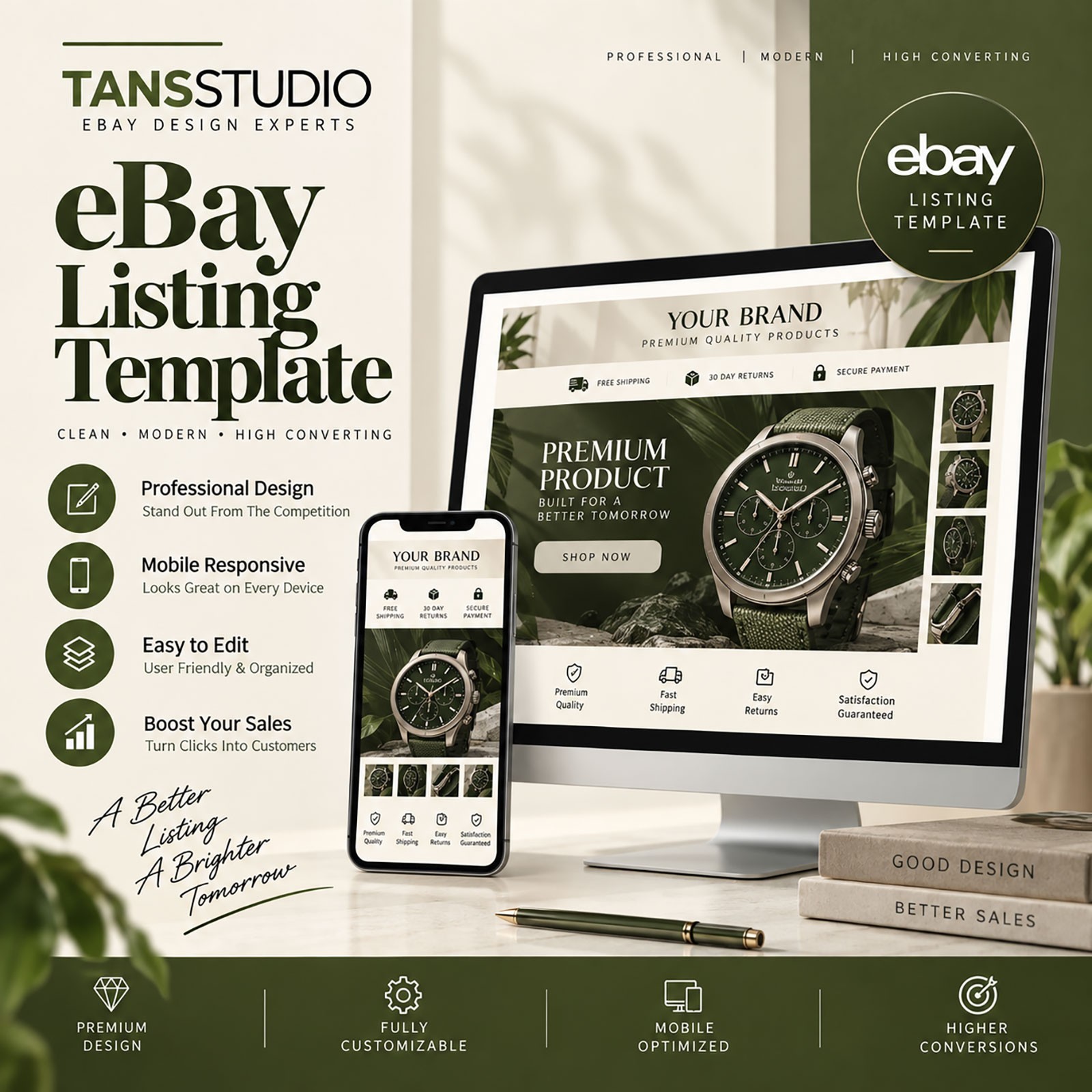 Complete eBay Store Branding, Listing Template Design & Video Ads Package, Olive