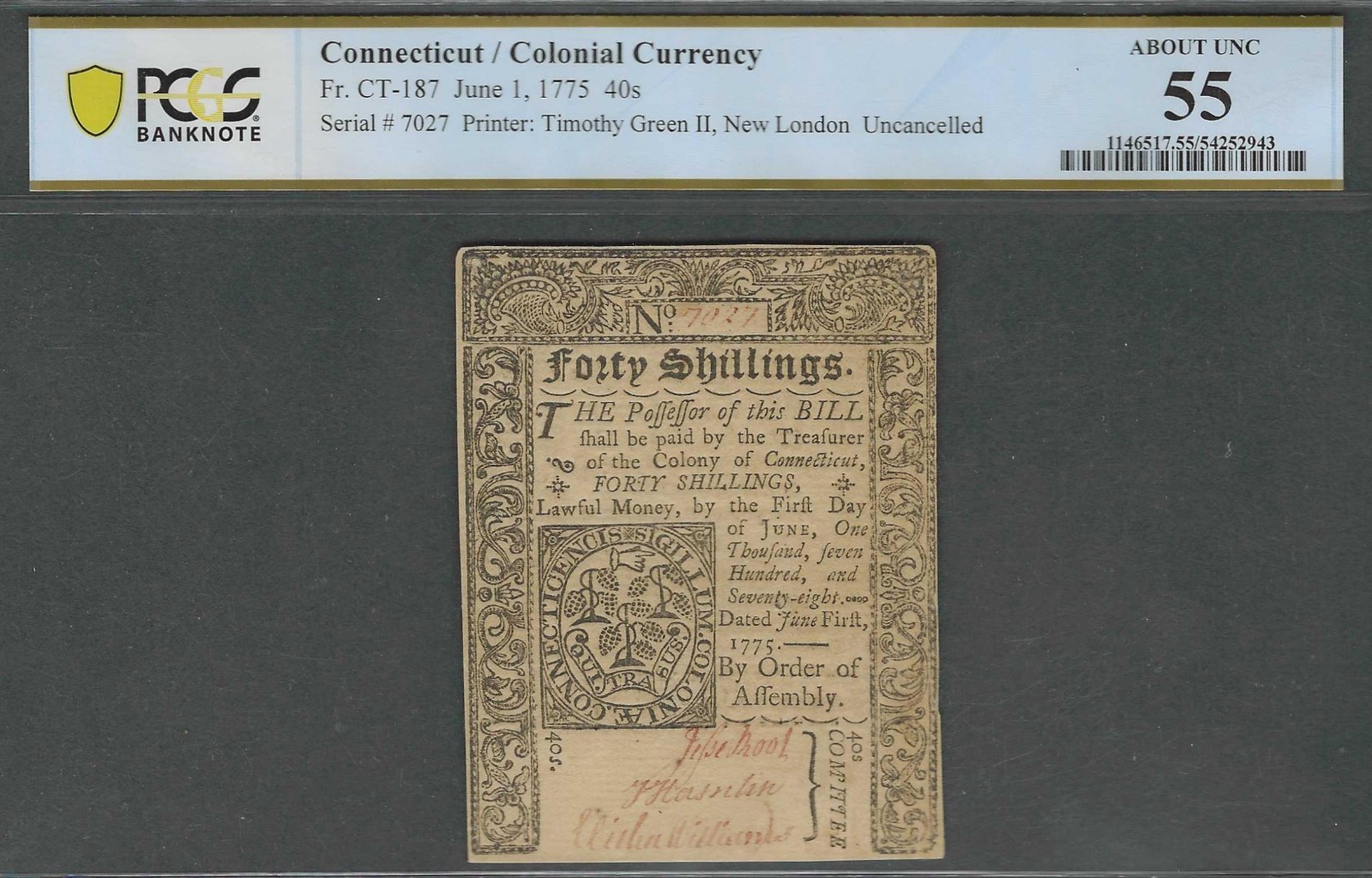 CT Colonial 1775 Forty Shillings PCGS About UNC 55 Colonial Currency