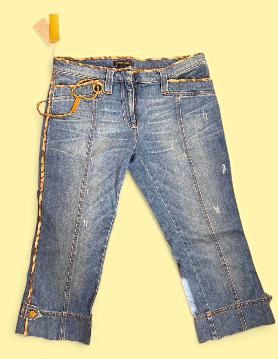 Roberto Cavalli Women\'s Blue Solid Denim Capri Jeans Zipper Logo Zip Closure