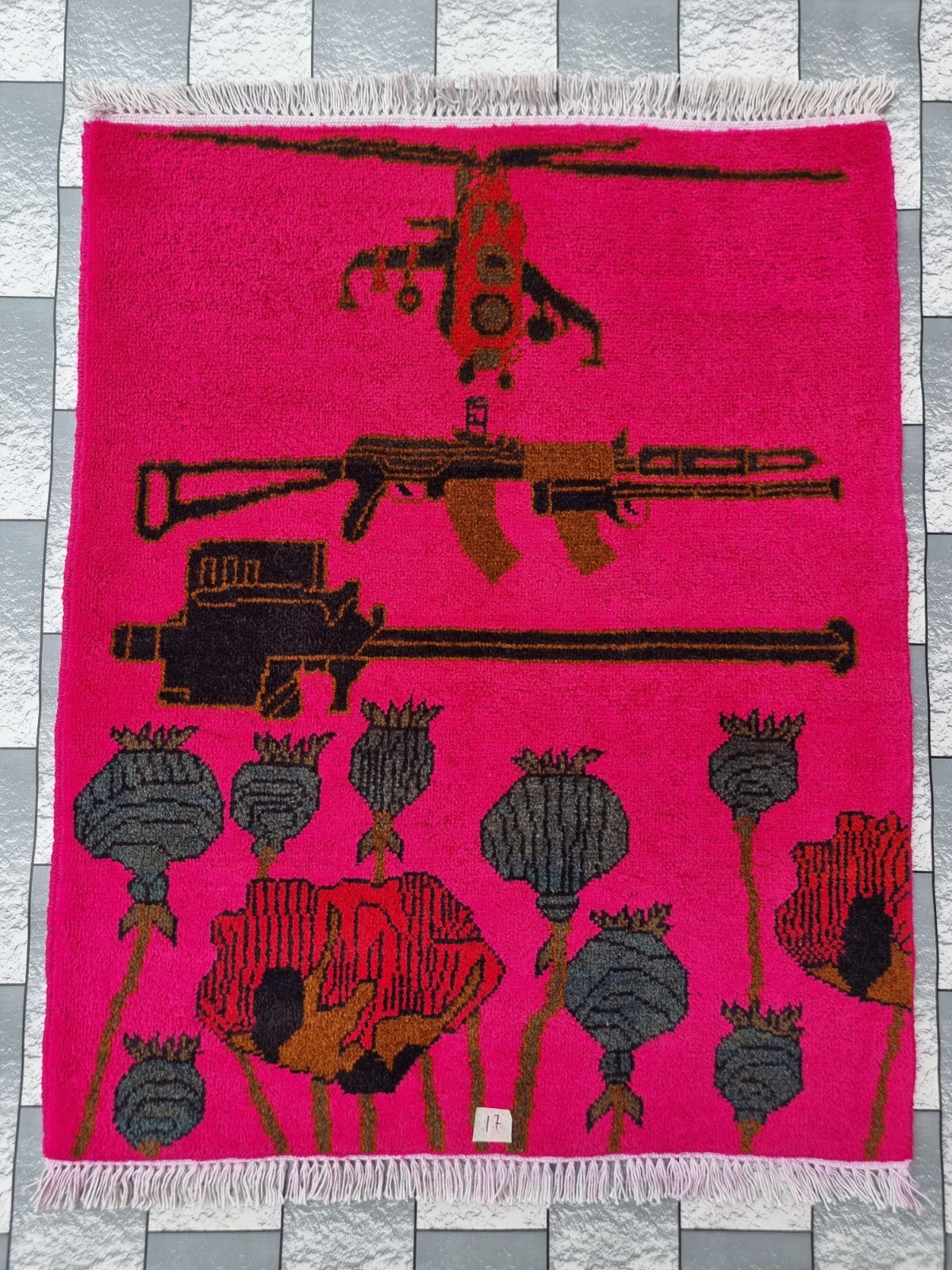 Afghan Hand Opium Flower War Rug Tribal Wool With Knotted  Wall Hanging  Rug