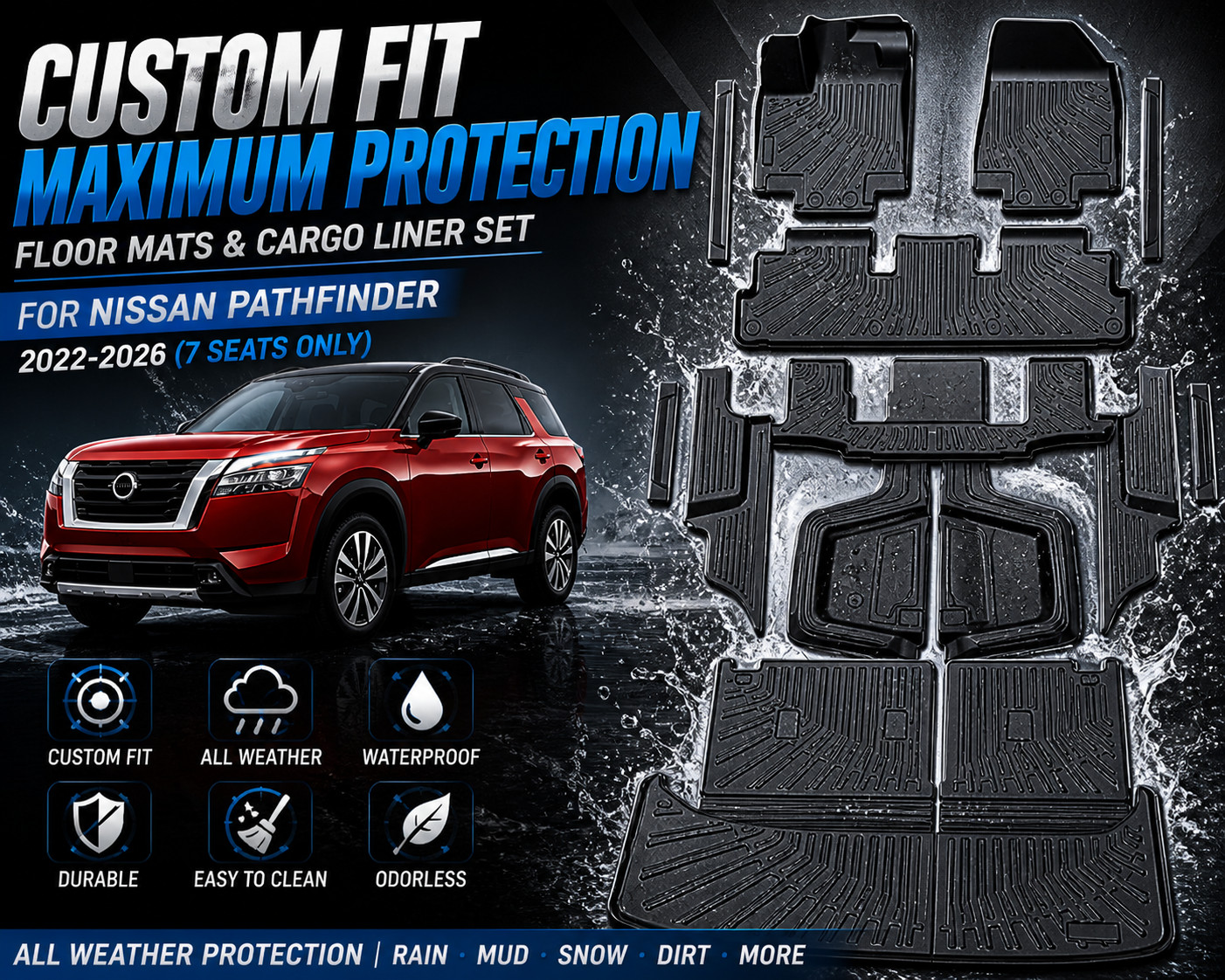 2022-2026 Nissan Pathfinder All Weather Floor Mats & Trunk Liner for 7 Seats