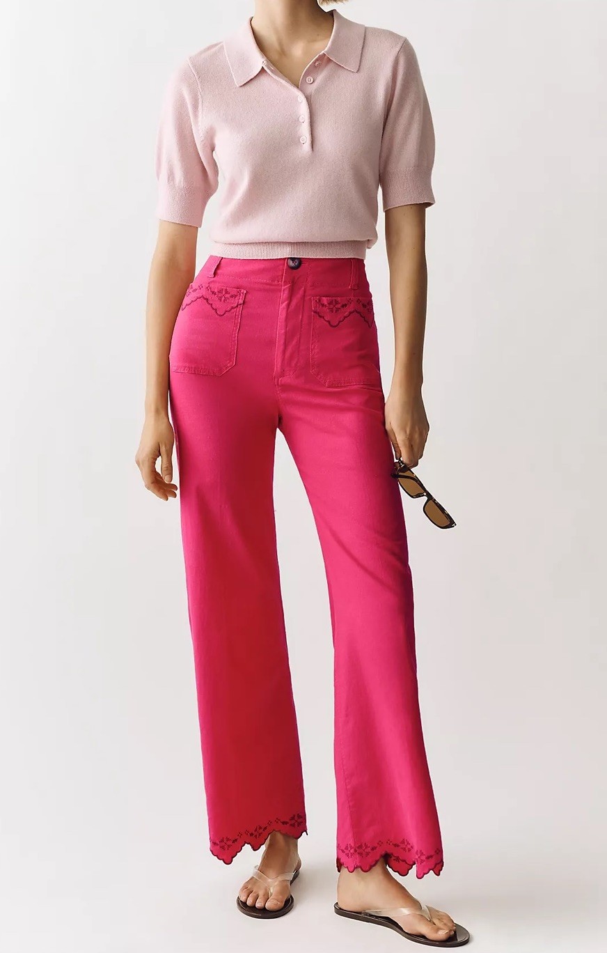 NWT Anthropologie Pink Colette Lace Trim Full-Length Wide-Leg Pants by Maeve, 30 NWT Anthropologie Pink Colette Lace Trim Full-Length Wide-Leg Pants by Maeve, 30