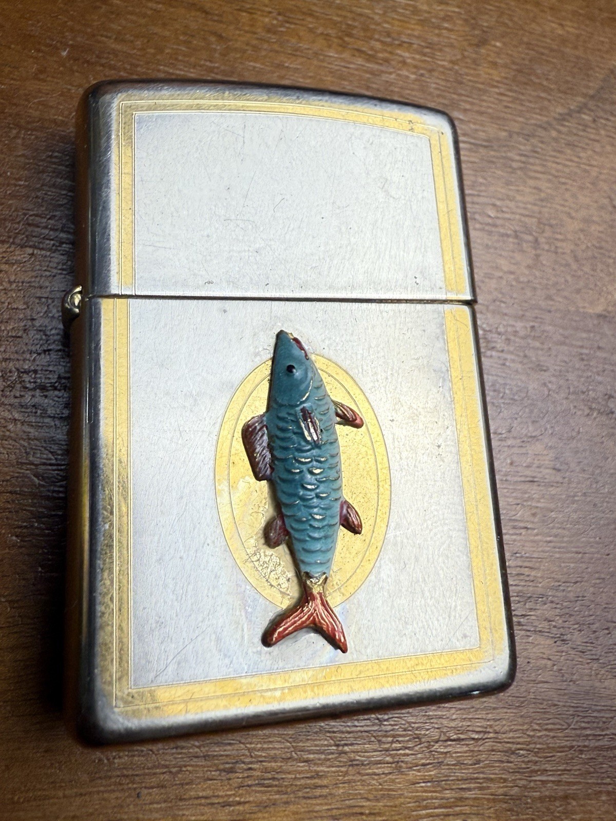 Vintage Zippo Lighter 1995 Enamel Fish Emblem Silver Gold Tone Bradford PA