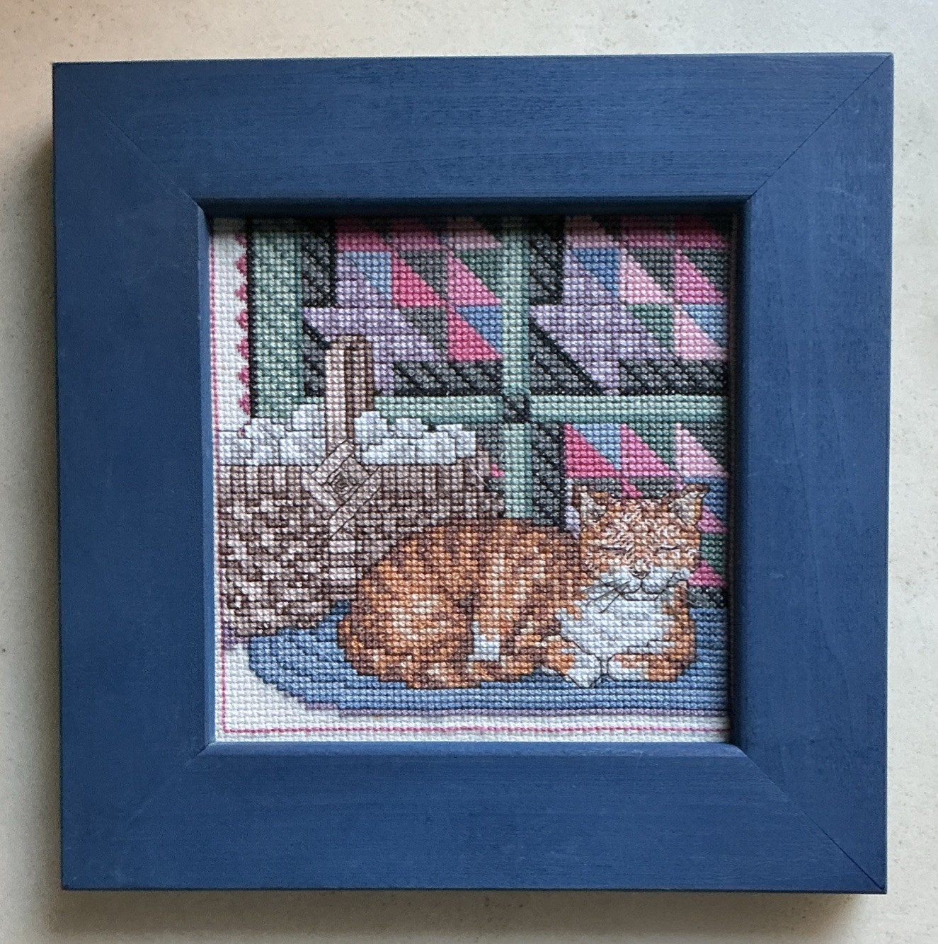 Vintage Hand Stitched Needlepoint Cat Wall Art Framed 8.5” x 8.5”