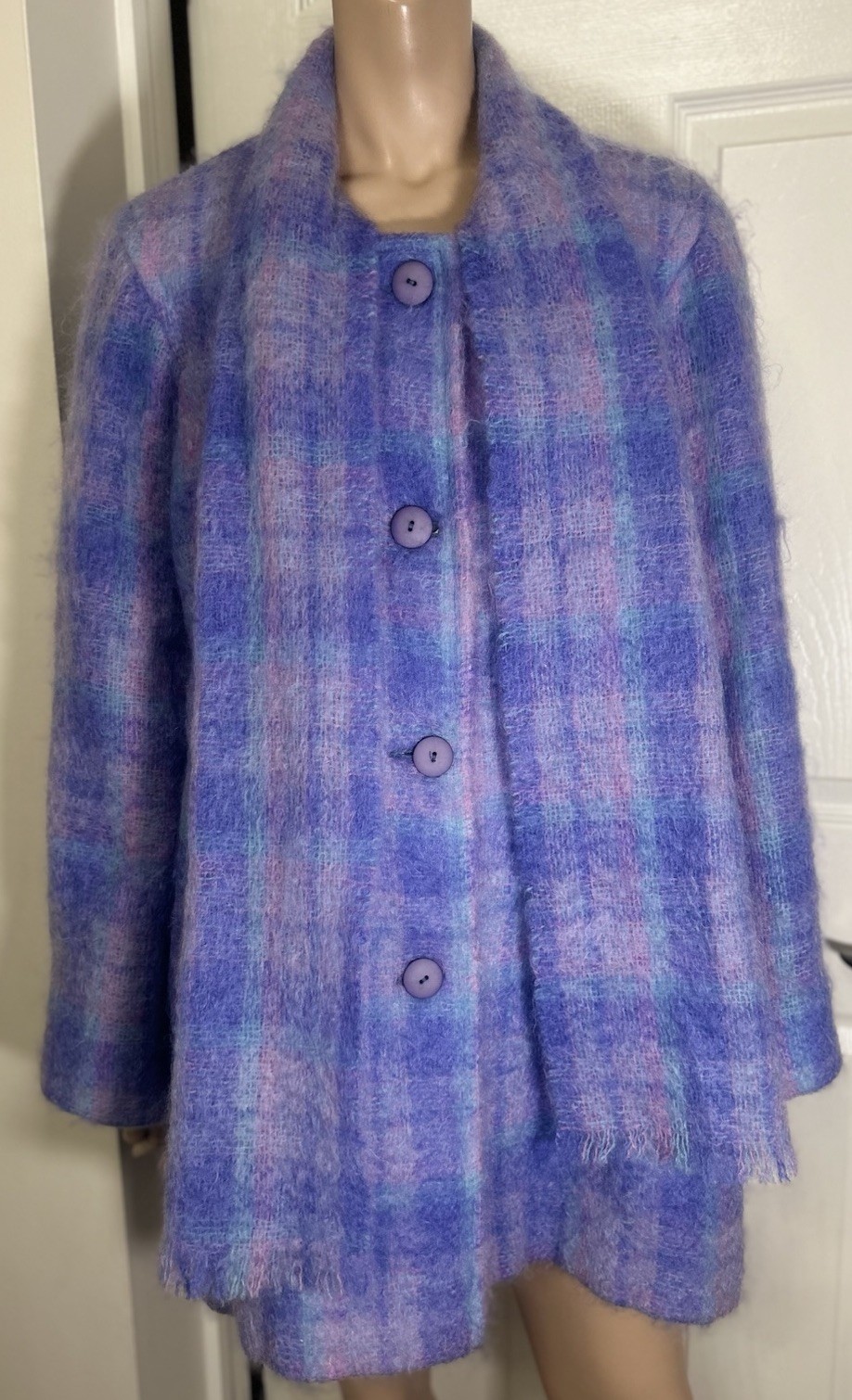 Vintage Donegal Design Mohair Wool Purple Coat Made In Ireland Sz 18