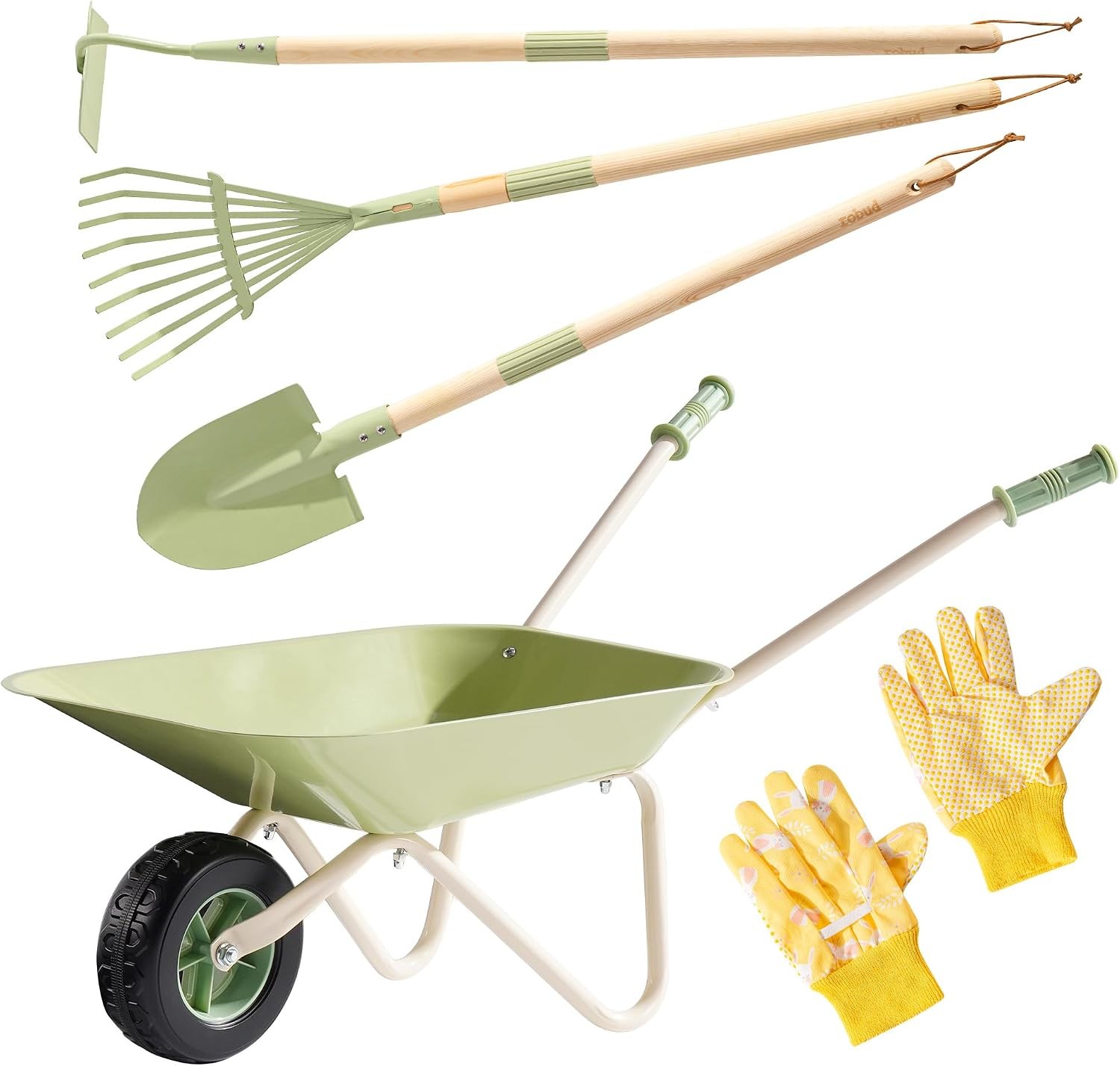 ROBUD Kids Wheelbarrow Set, Green Metal Toddler Wheelbarrow with Shovel, Hoe,... ROBUD Kids Wheelbarrow Set, Green Metal Toddler Wheelbarrow with Shovel, Hoe,...