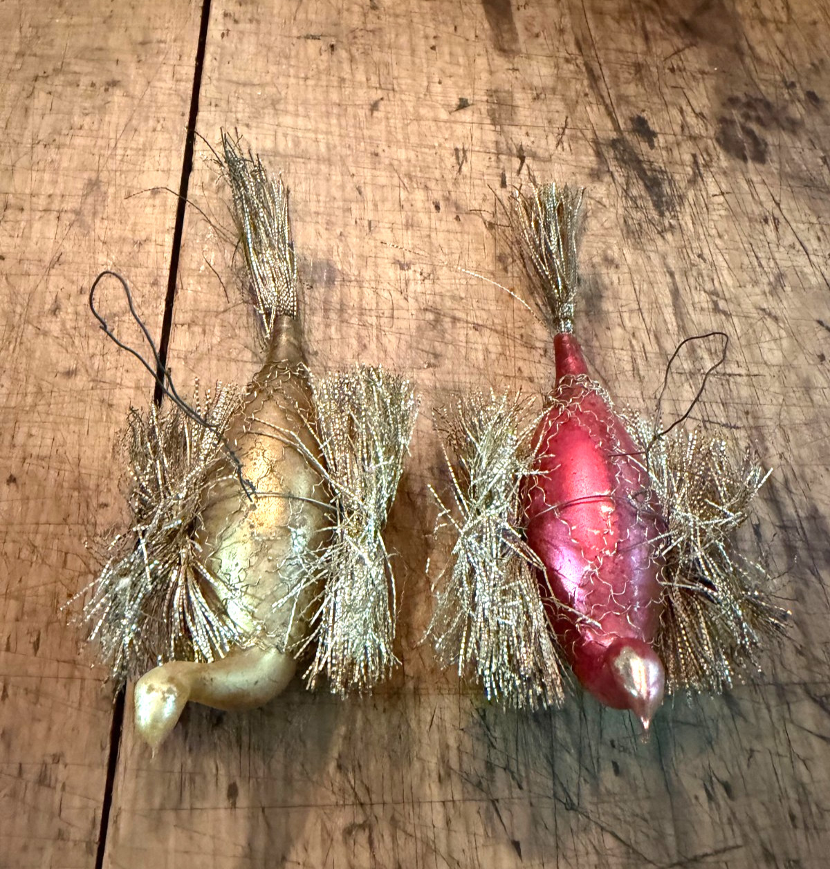Antique German hand-blown mercury glass swans w/tinsel feathers &tail (lot of 2)